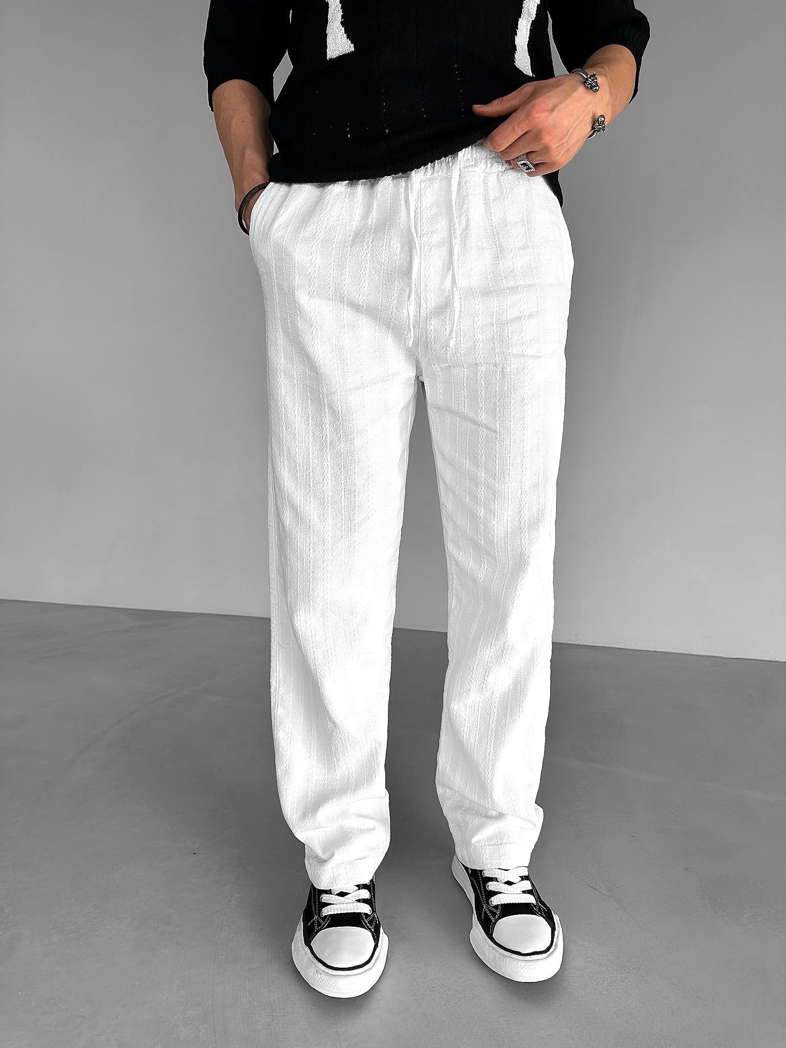 Örme Detaylı Baggy Fit Rahat Pantolon Beyaz
