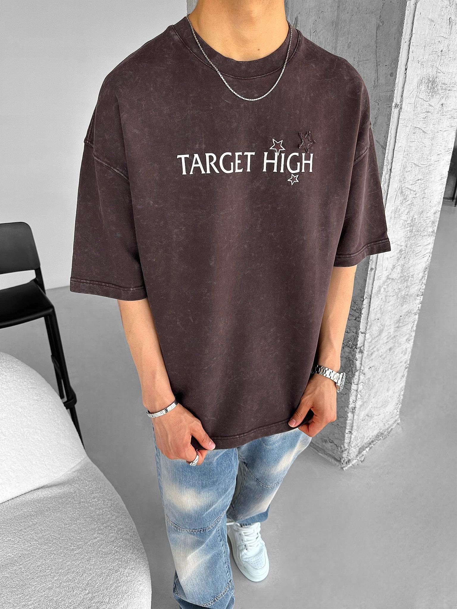 Oversize %100 Pamuk Baskılı Premium T-Shirt Kahverengi
