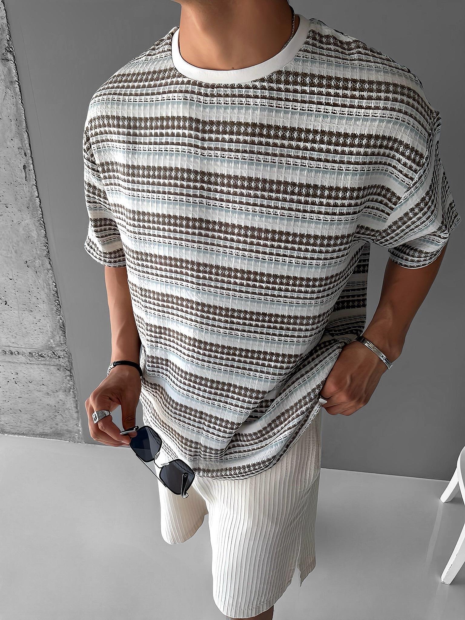 Oversize %100 Pamuk Dökümlü Bisiklet Yaka Triko T-Shirt Kahverengi