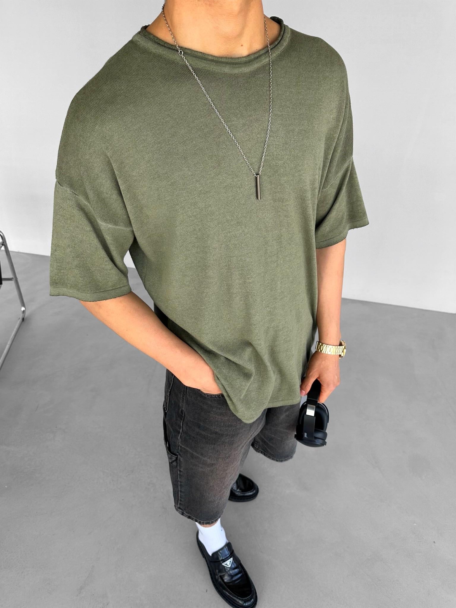 Oversize %100 Pamuk Eskitmeli Nefes Alabilen Triko T-Shirt Haki Yeşil
