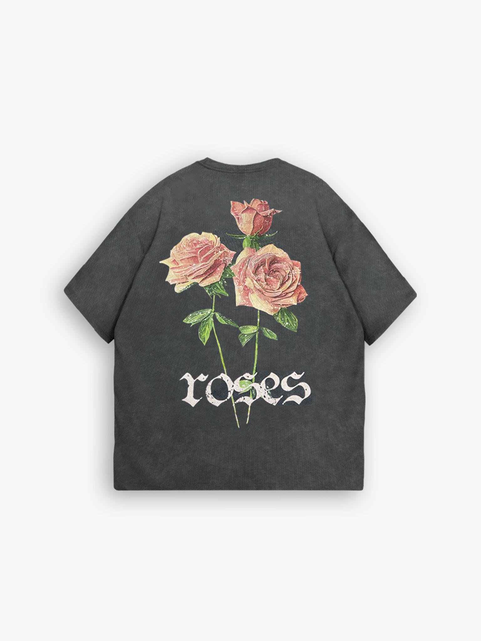 Oversize %100 Pamuk Yıkamalı Roses Baskılı T-Shirt Koyu Gri