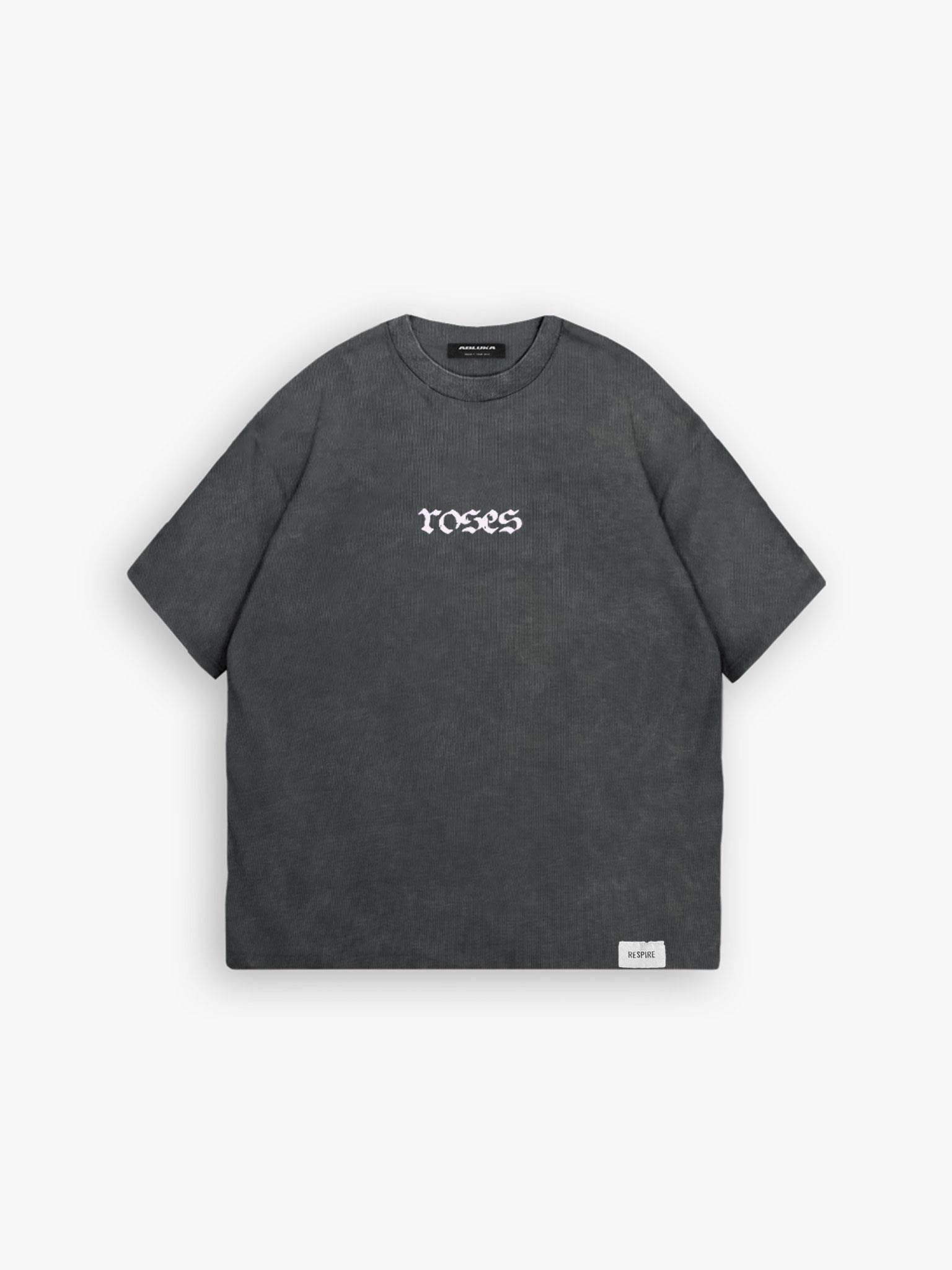 Oversize %100 Pamuk Yıkamalı Roses Baskılı T-Shirt Koyu Gri