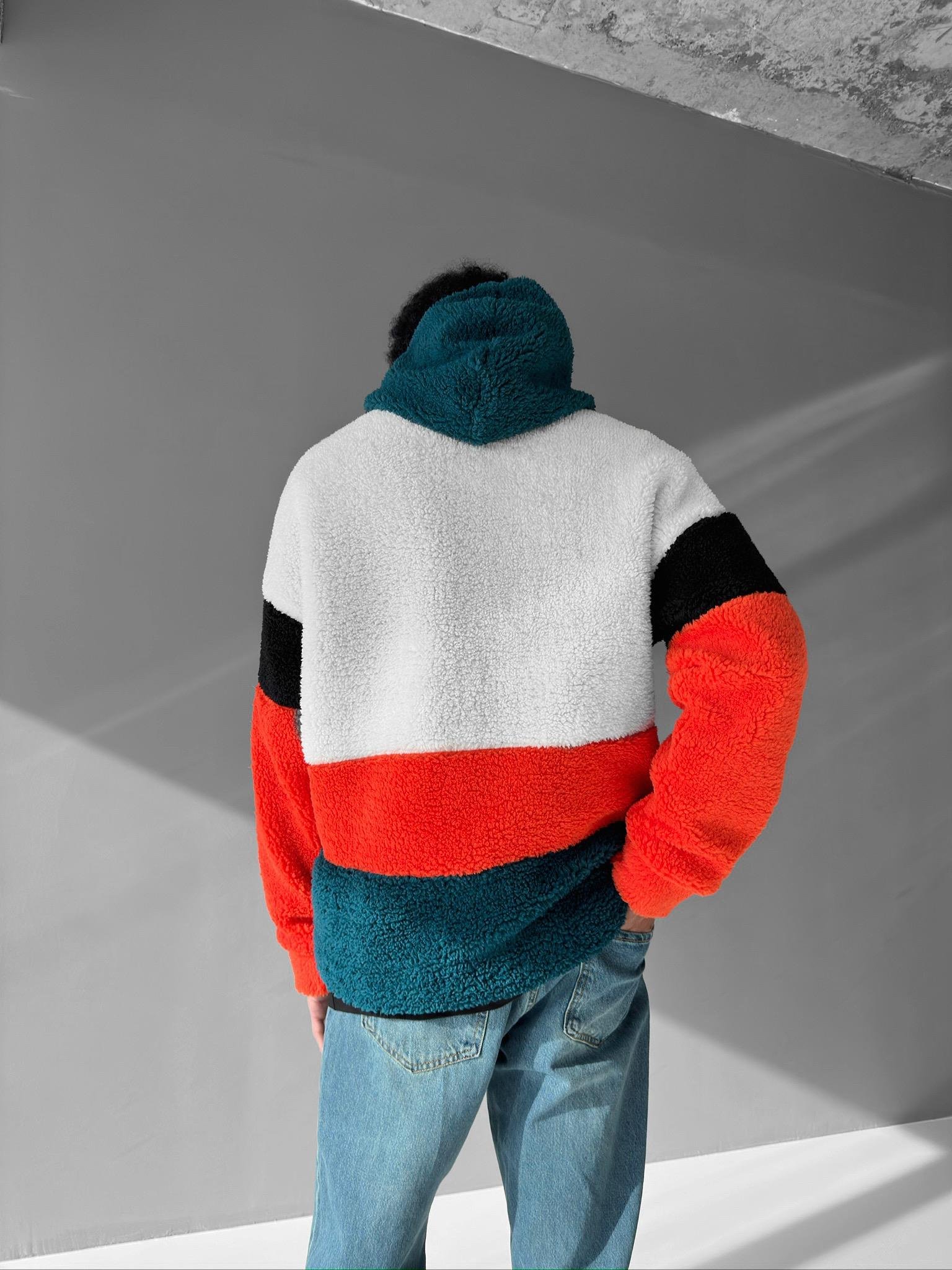 Oversize 3 Renkli Peluş Mont Petrol Yeşili
