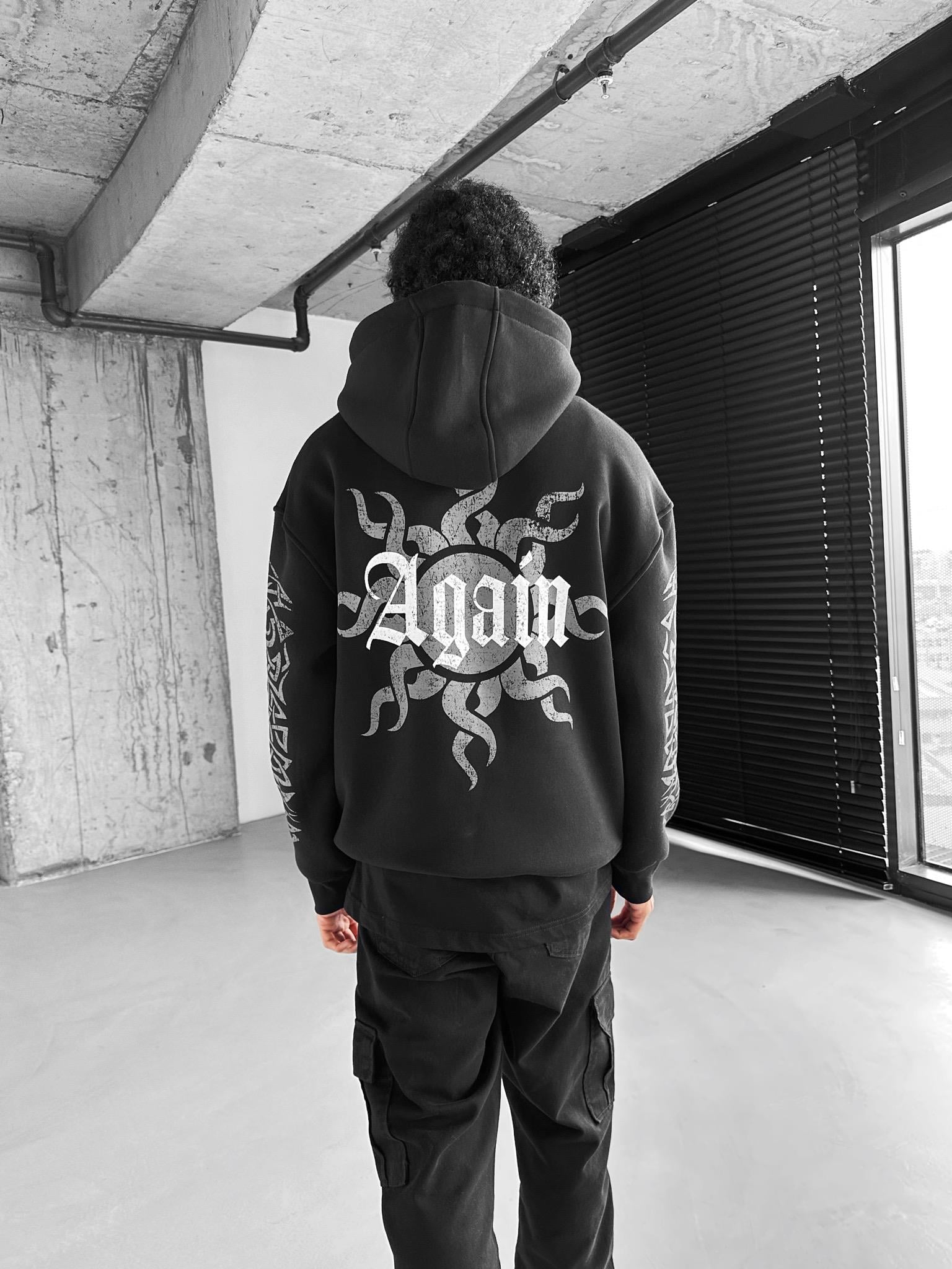Oversize 'Again' Baskılı Sweatshirt Siyah