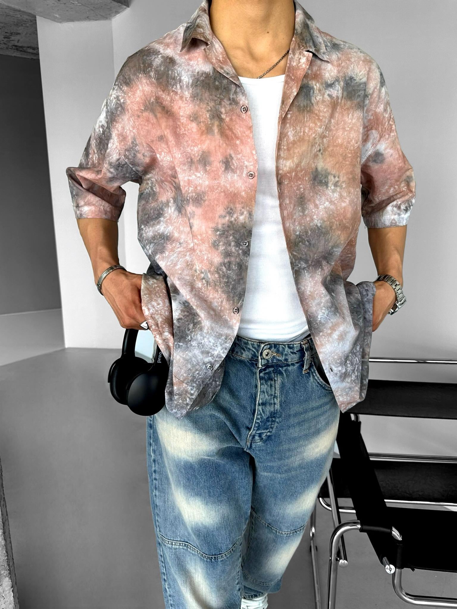 Oversize Apaş Yaka Desenli Gömlek Gri