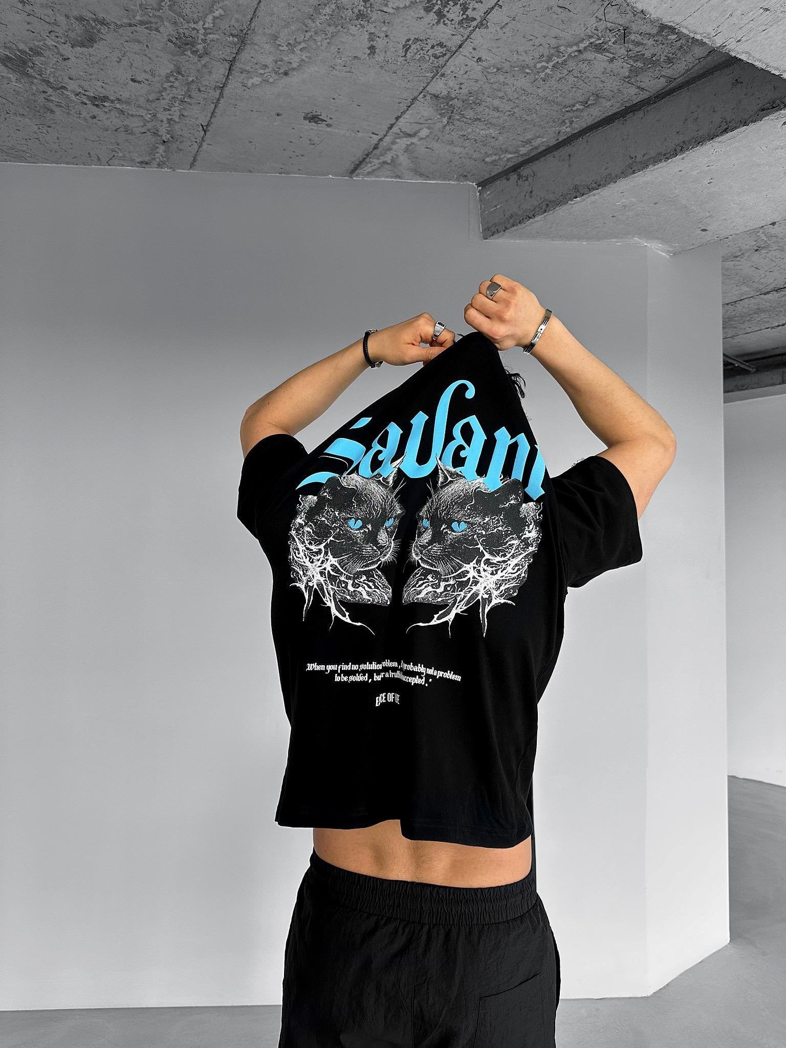 Oversize Baskılı Bisiklet Yaka T-Shirt Siyah