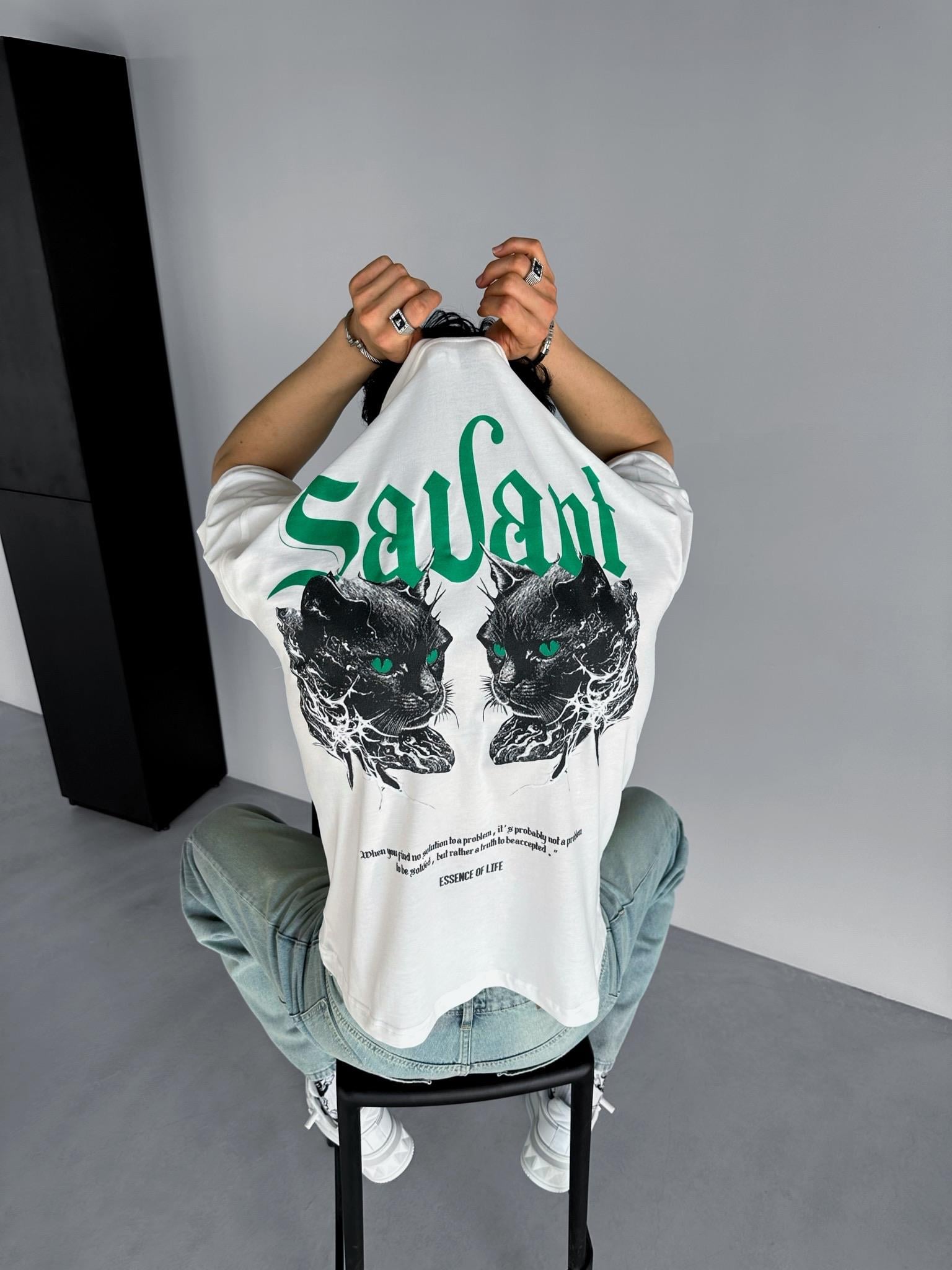 Oversize Baskılı Bisiklet Yaka T-Shirt Beyaz