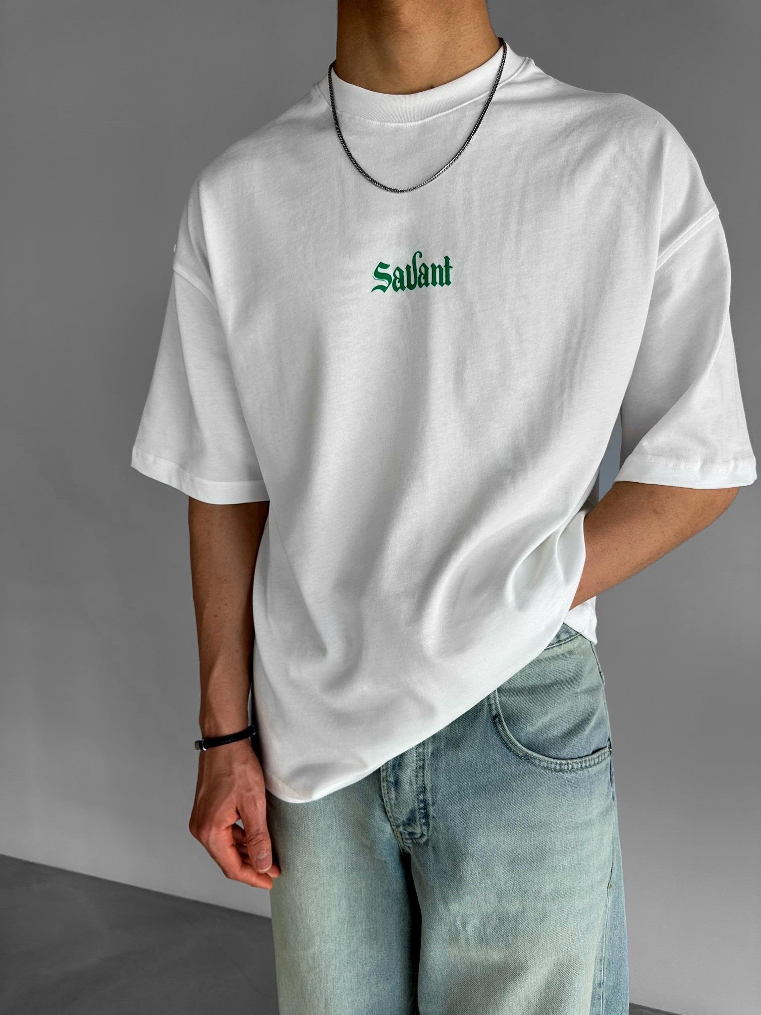 Oversize Baskılı Bisiklet Yaka T-Shirt Beyaz