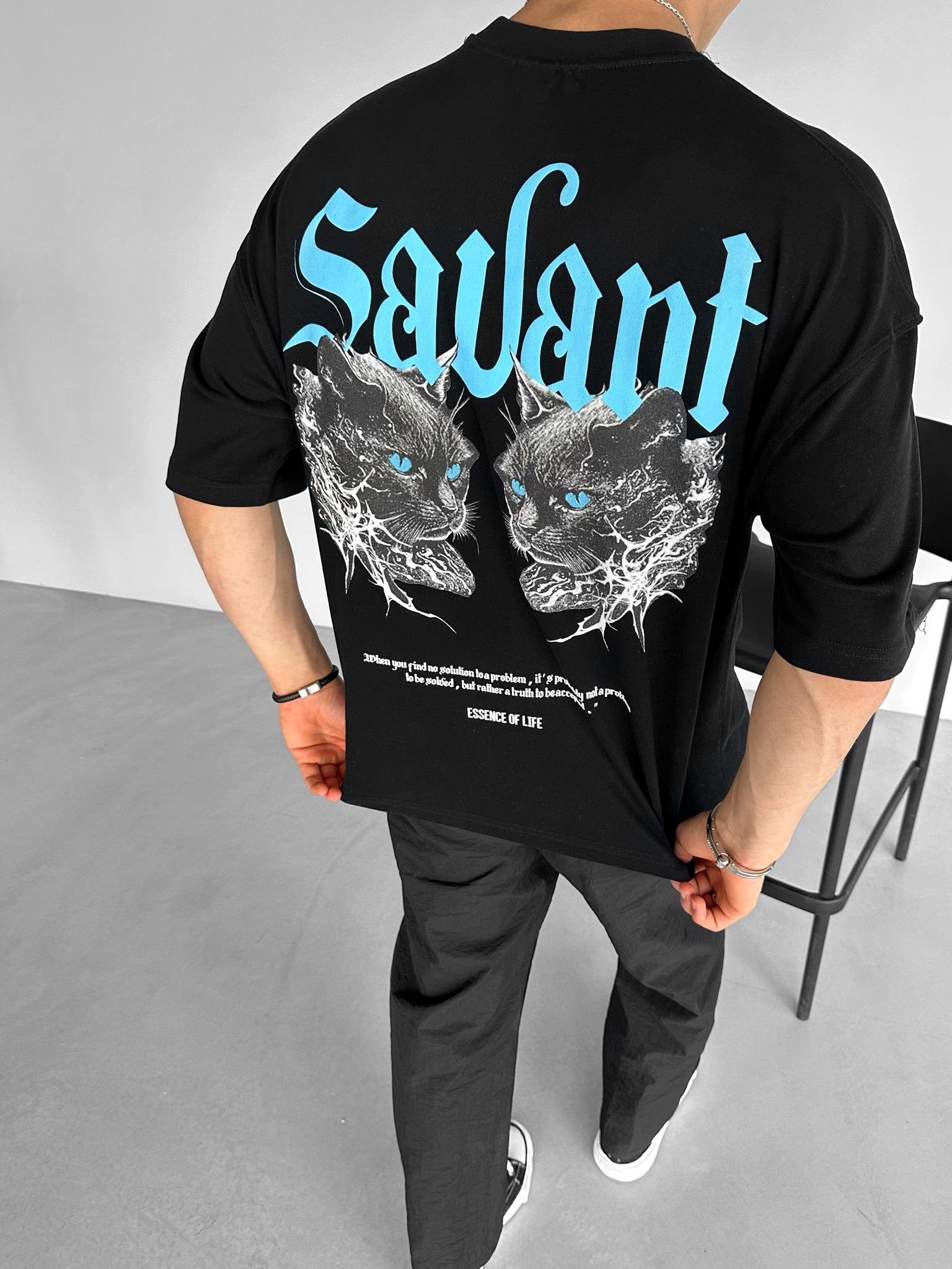 Oversize Baskılı Bisiklet Yaka T-Shirt Siyah