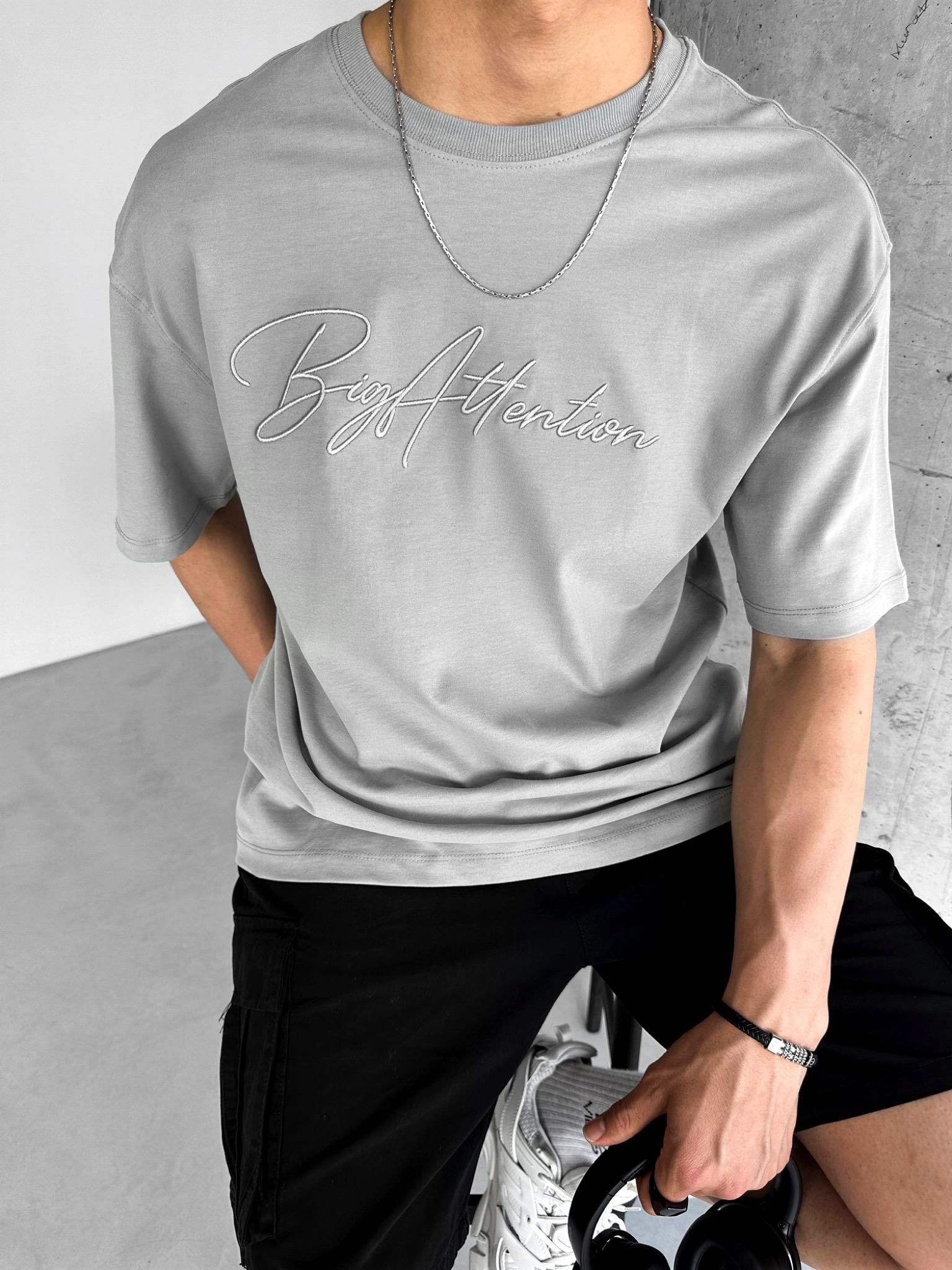 Oversize 'Big Atlention' İşlemeli T-Shirt Gri