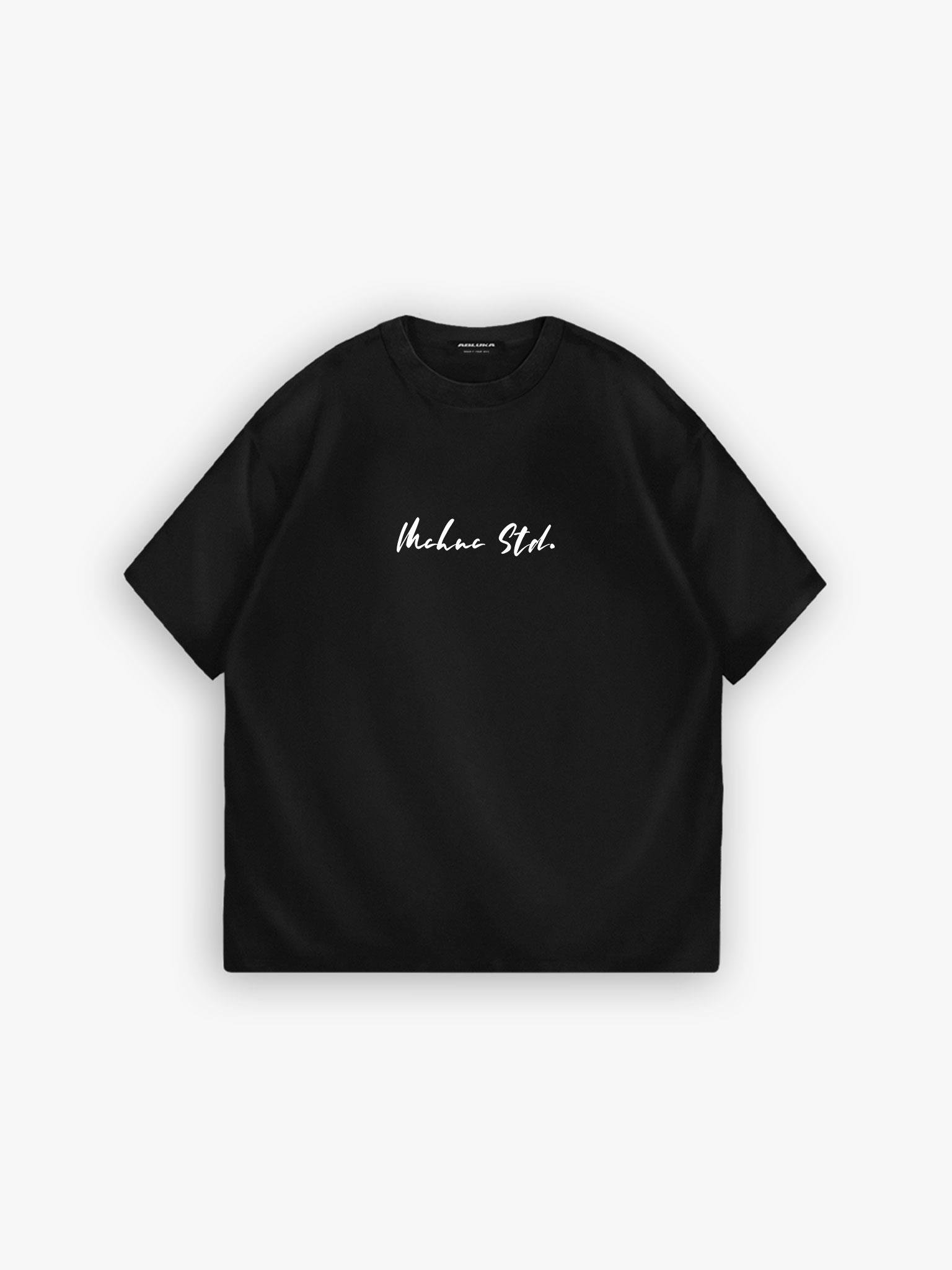 Oversize Bisiklet Yaka Arkası Desen Baskılı T-Shirt Mavi