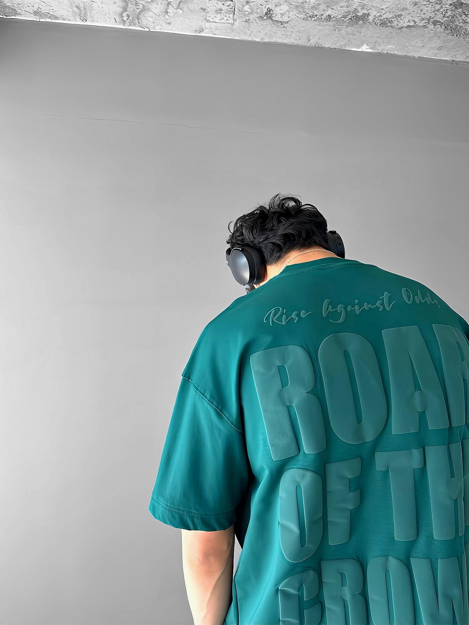 Oversize Bisiklet Yaka 'Crowd' Baskılı T-Shirt Yeşil