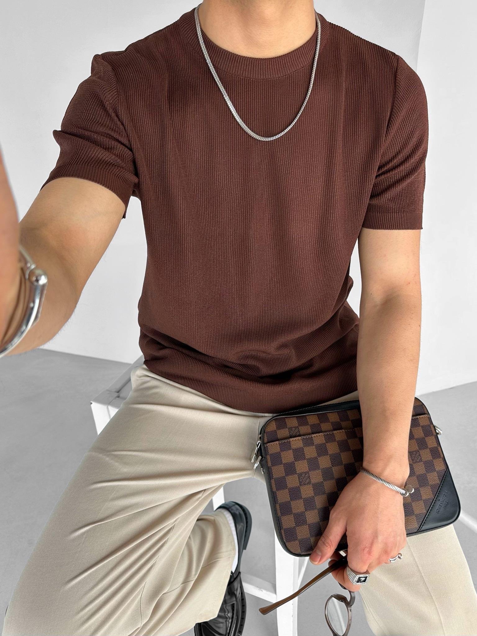 Oversize Bisiklet Yaka Esnek Triko T-Shirt Kahve