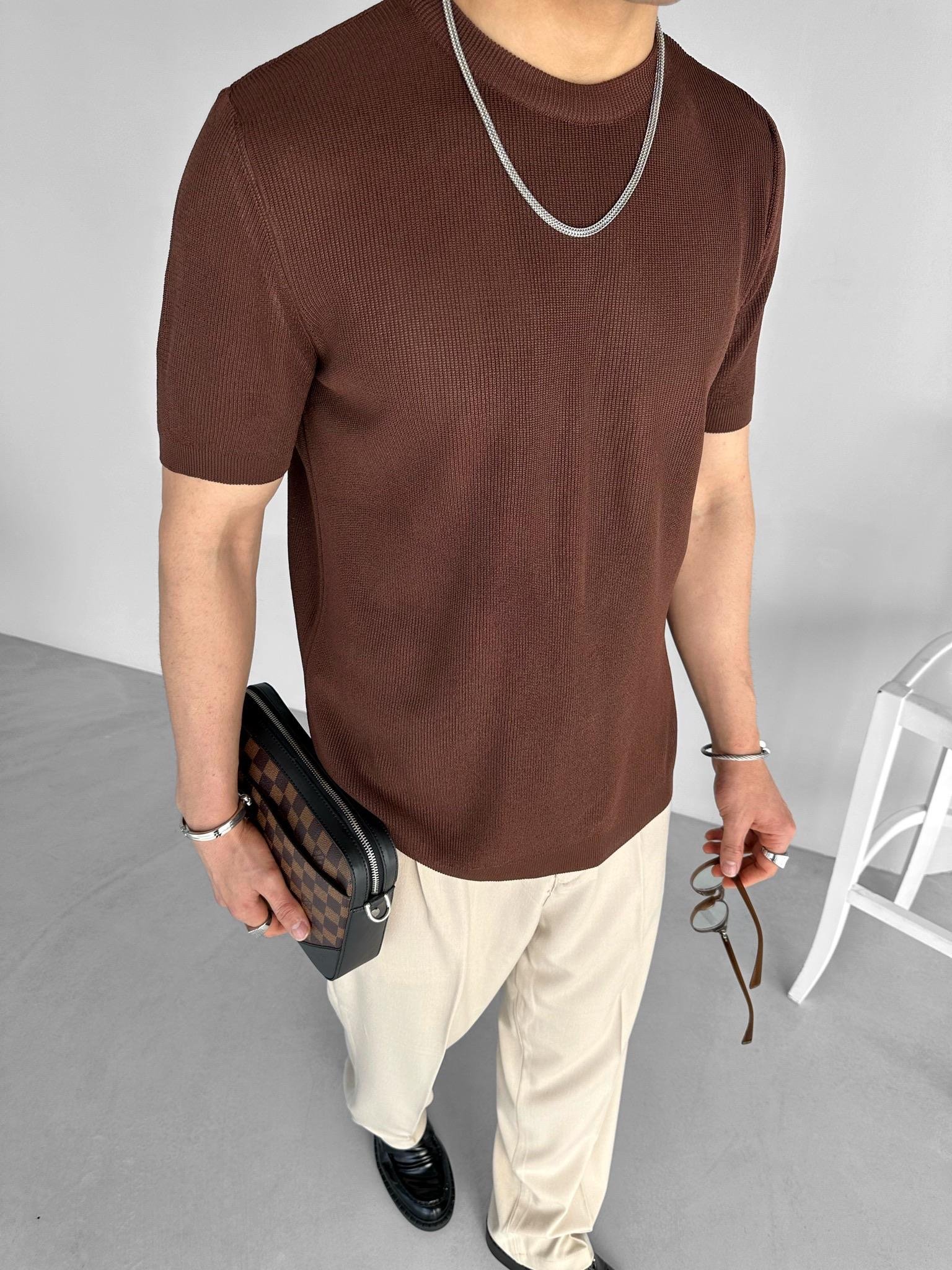 Oversize Bisiklet Yaka Esnek Triko T-Shirt Kahve