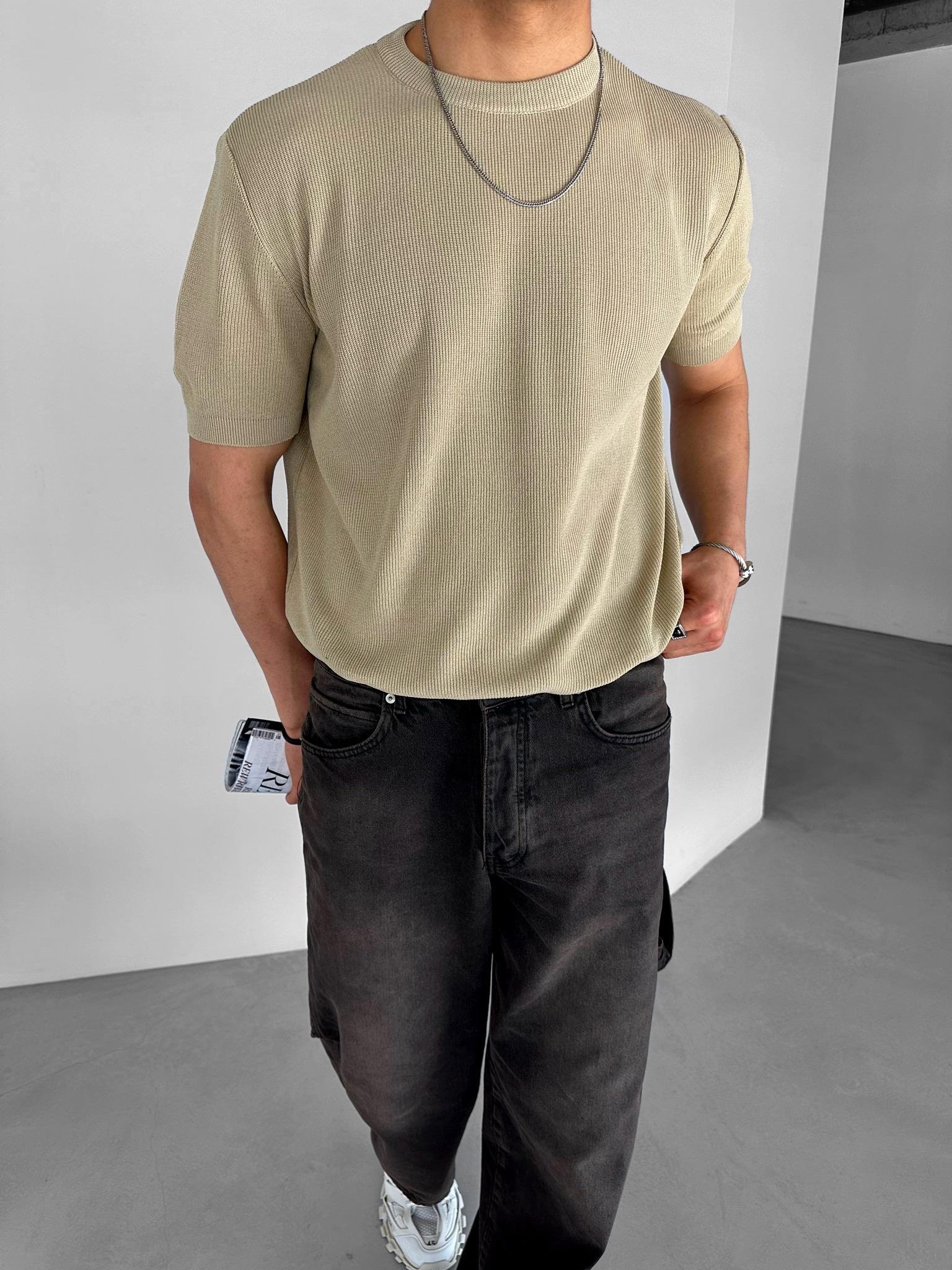 Oversize Bisiklet Yaka Esnek Triko T-Shirt Bej