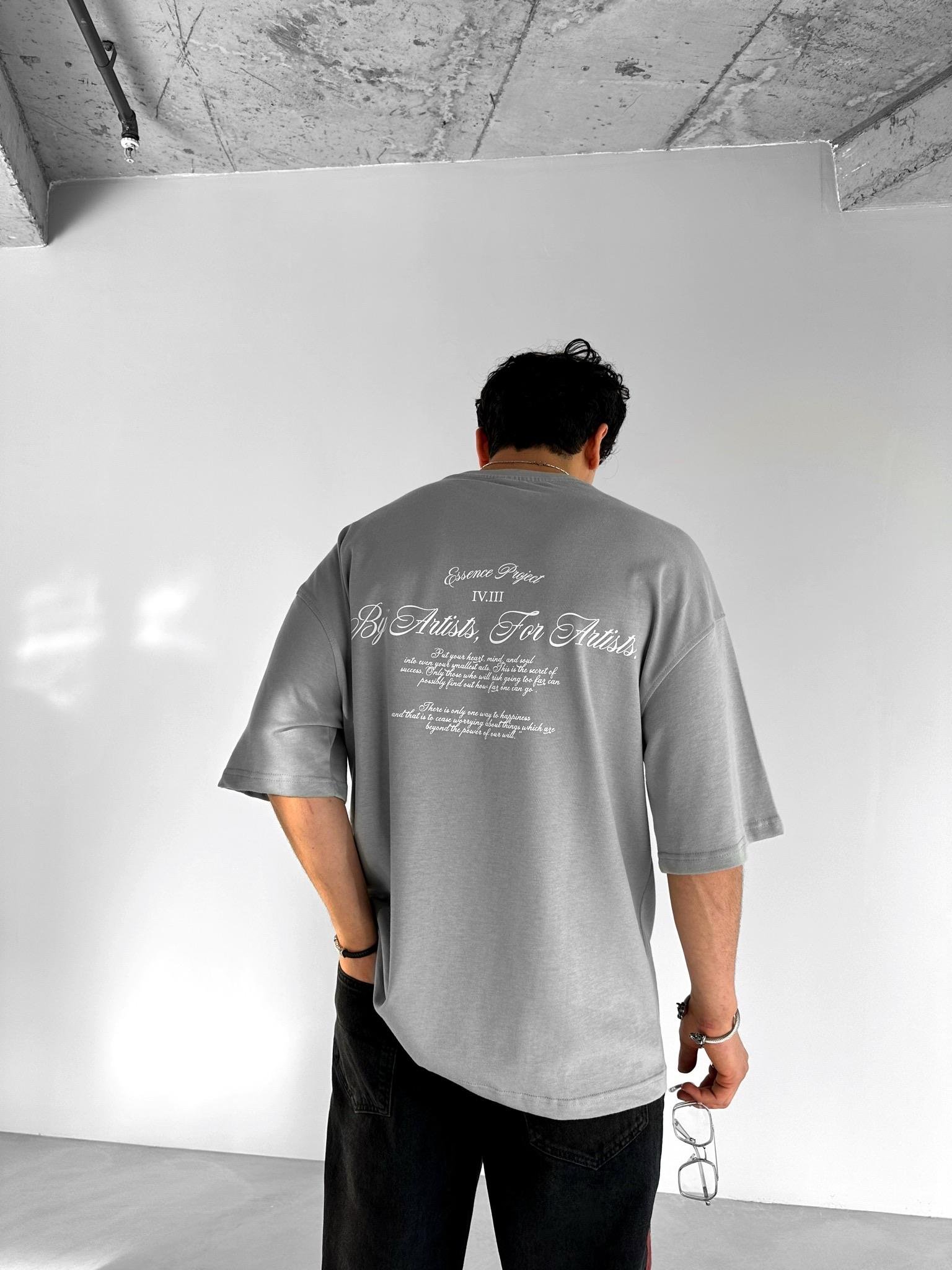 Oversize Bisiklet Yaka T-Shirt Gri