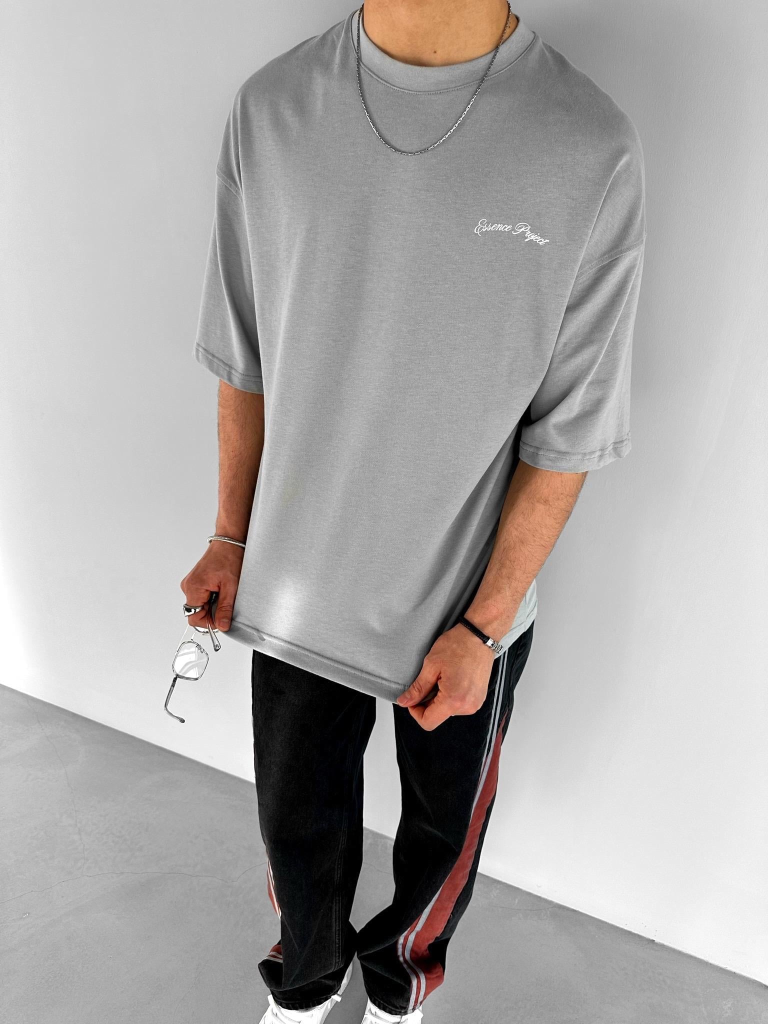 Oversize Bisiklet Yaka T-Shirt Gri