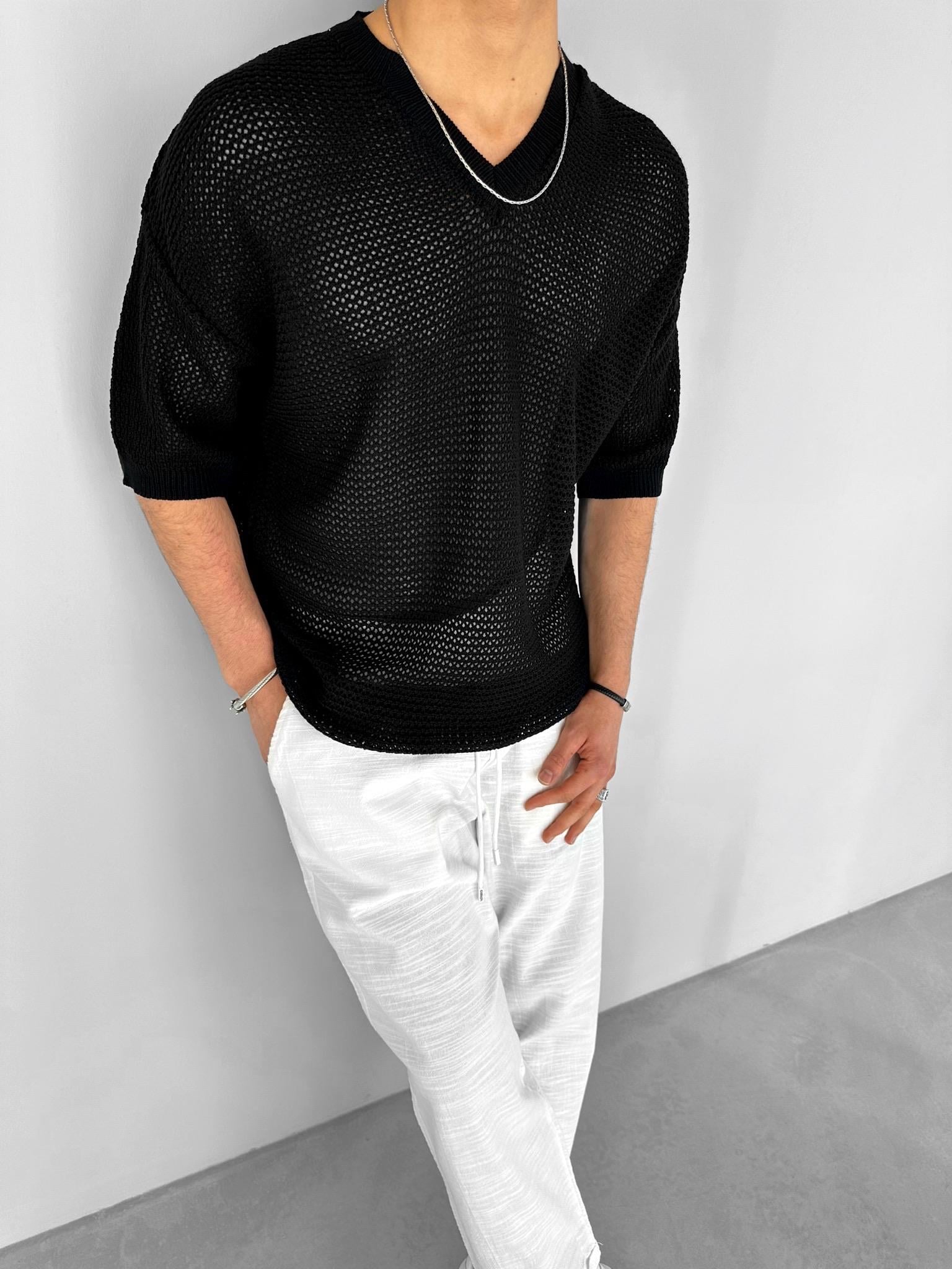 Oversize Bol Ve Rahat File T-shirt Siyah