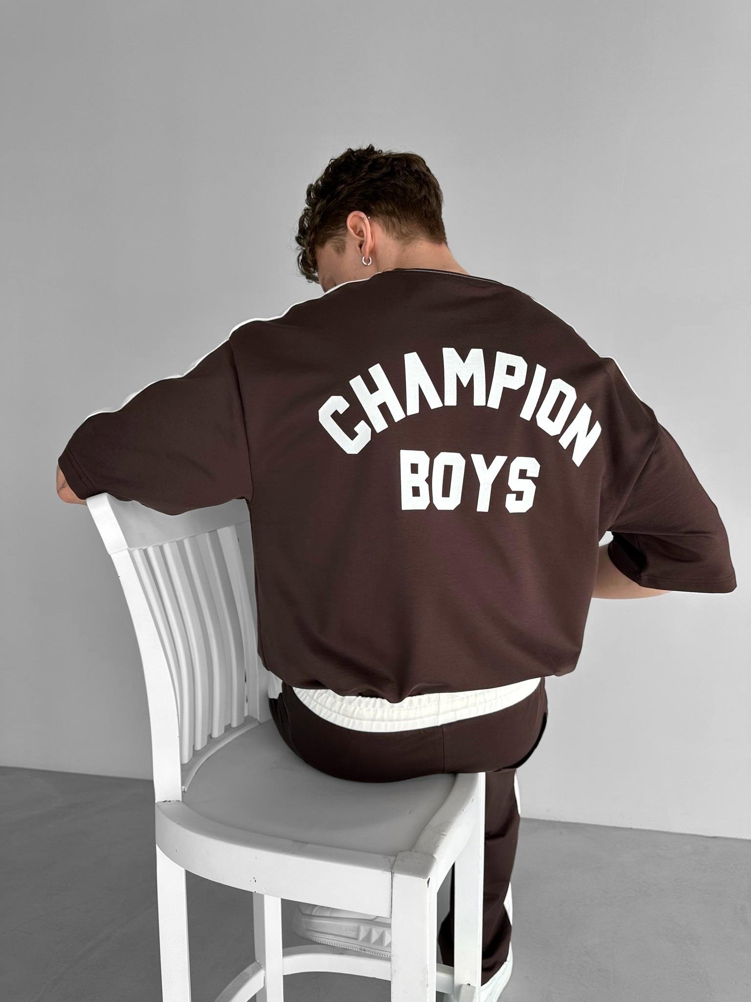 Oversize 'Champion Boys' Baskılı T-Shirt Kahverengi