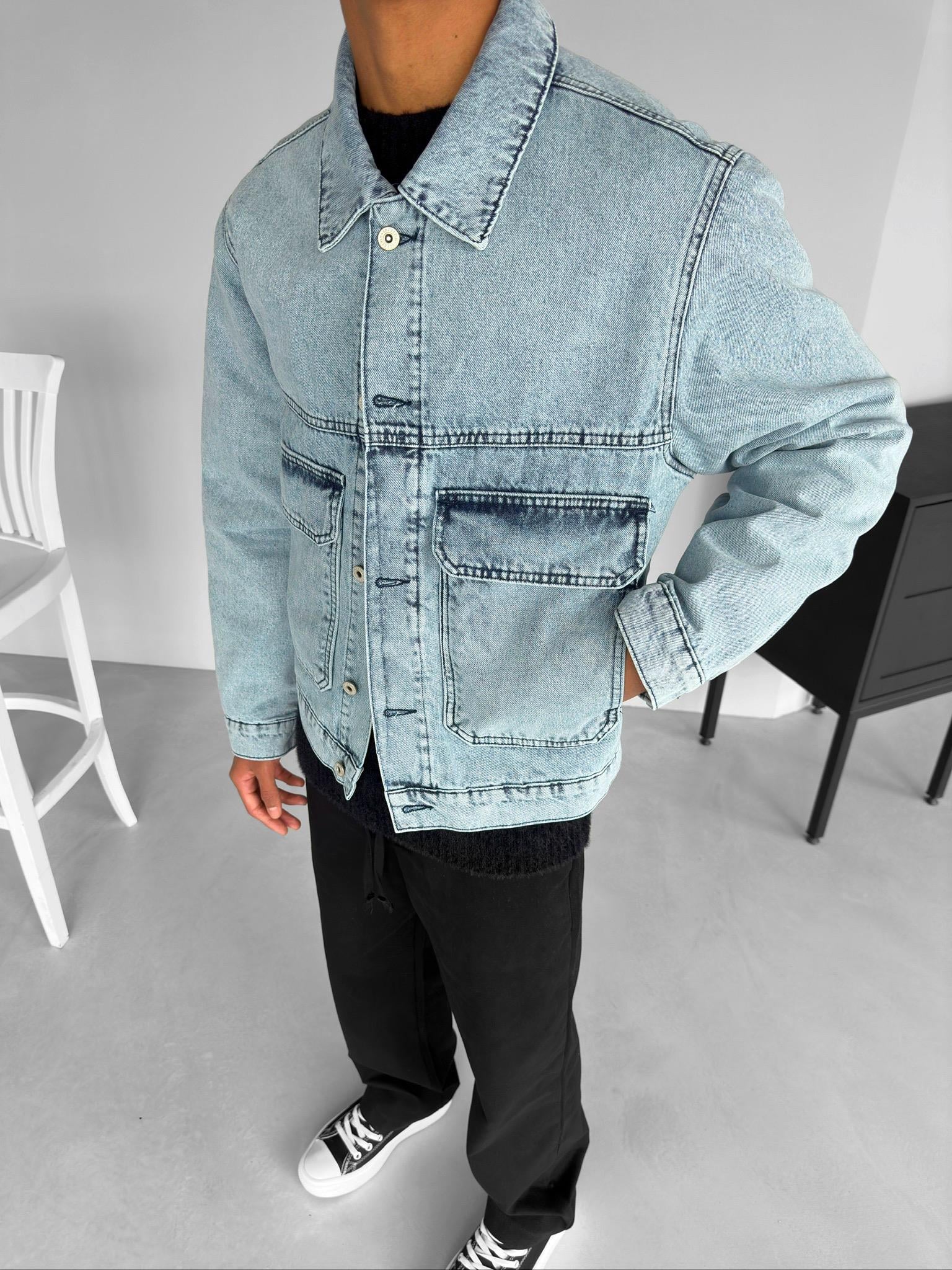Oversize Çift Cepli Denim Ceket Buz Mavi