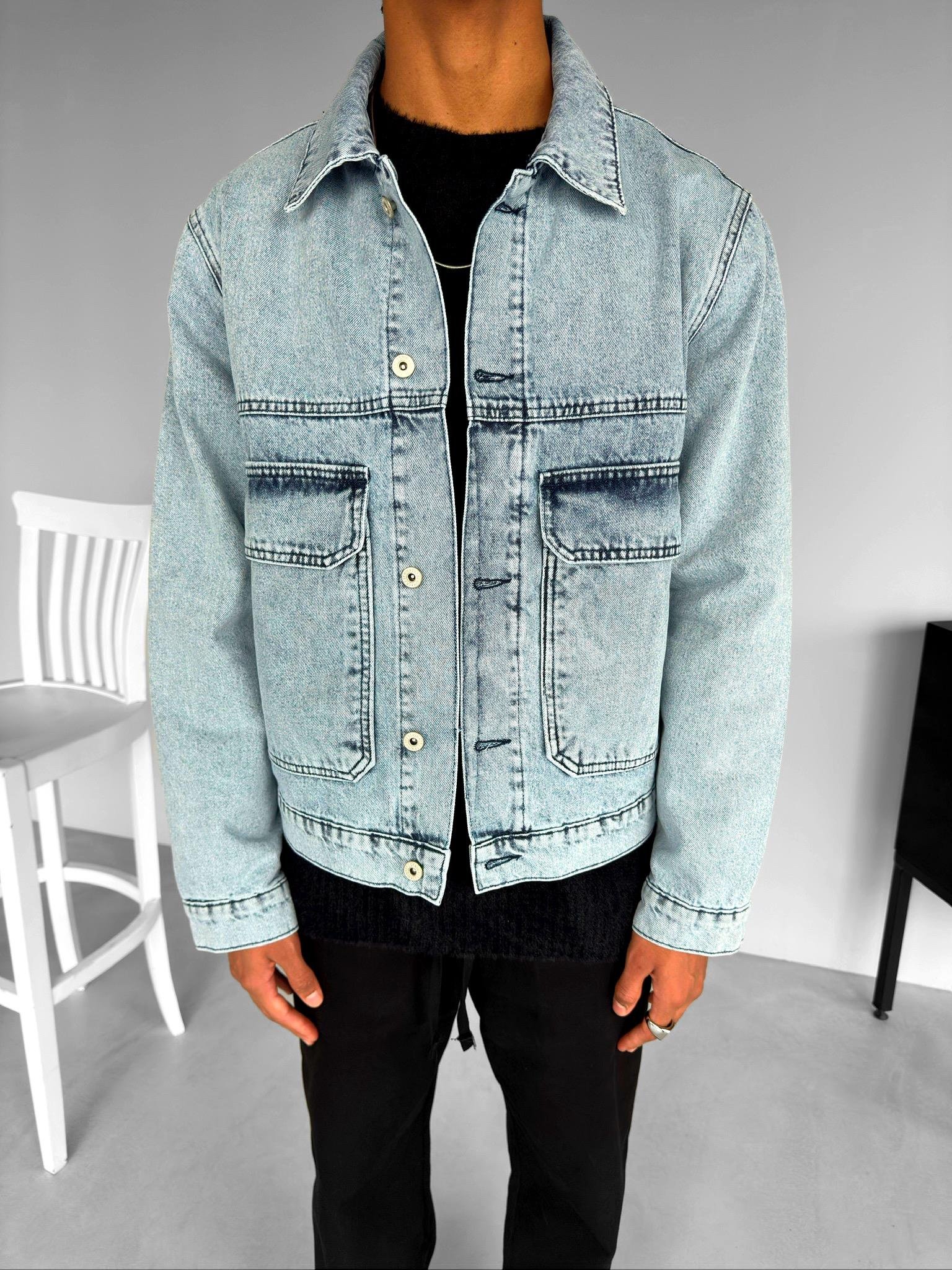 Oversize Çift Cepli Denim Ceket Buz Mavi