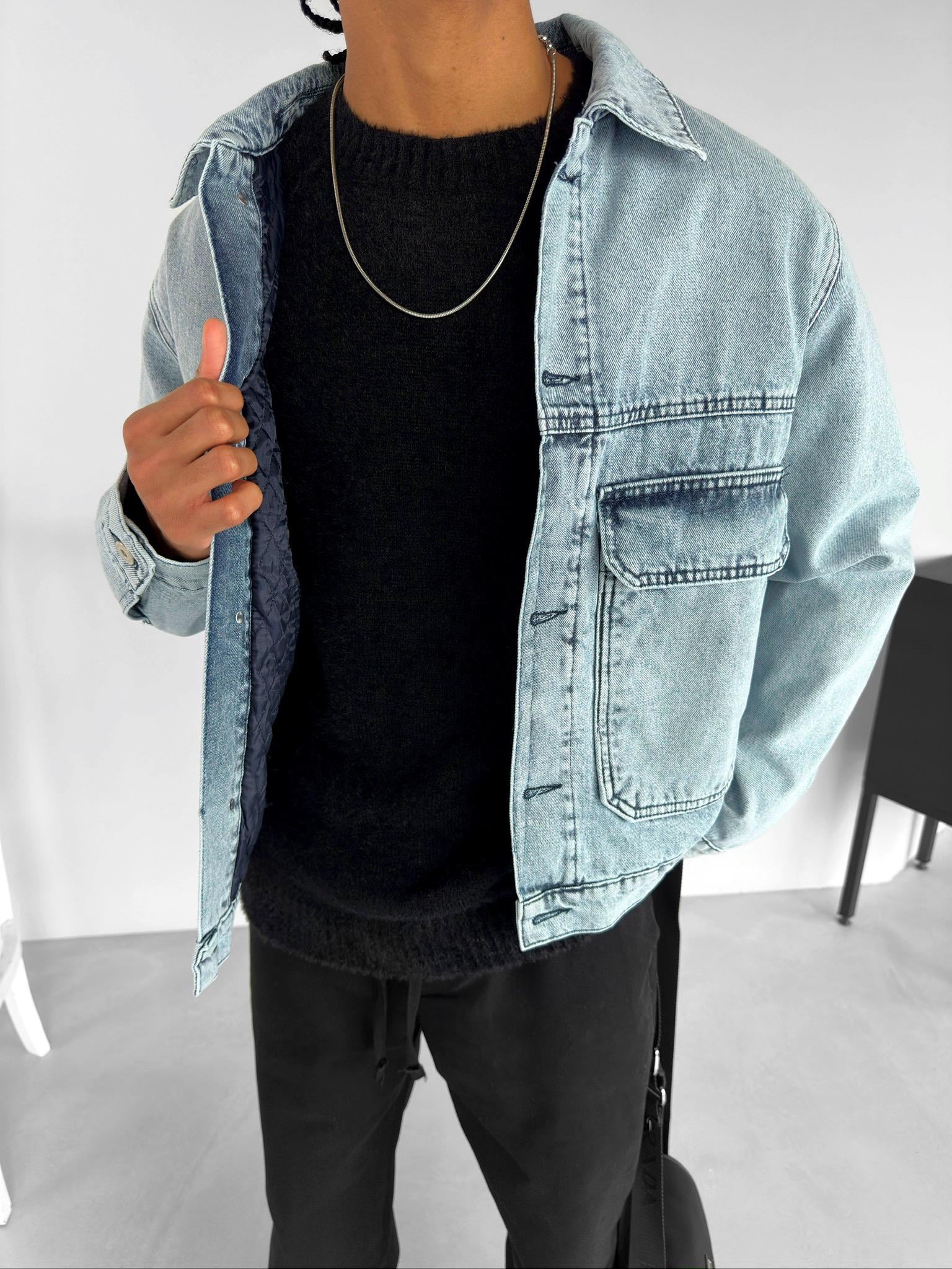 Oversize Çift Cepli Denim Ceket Buz Mavi