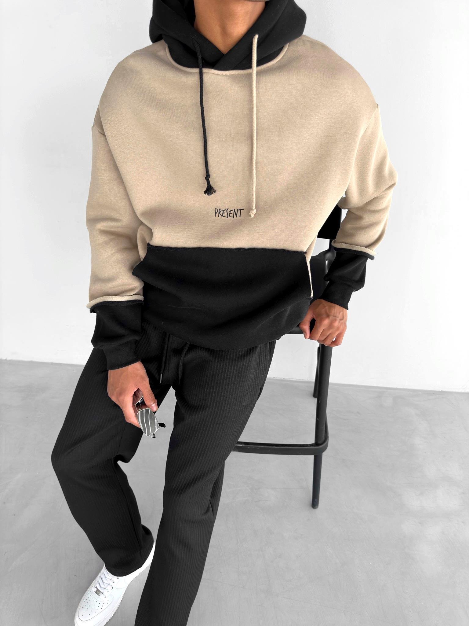 Oversize Çift Renkli Kapüşonlu Sweatshirt Kahverengi