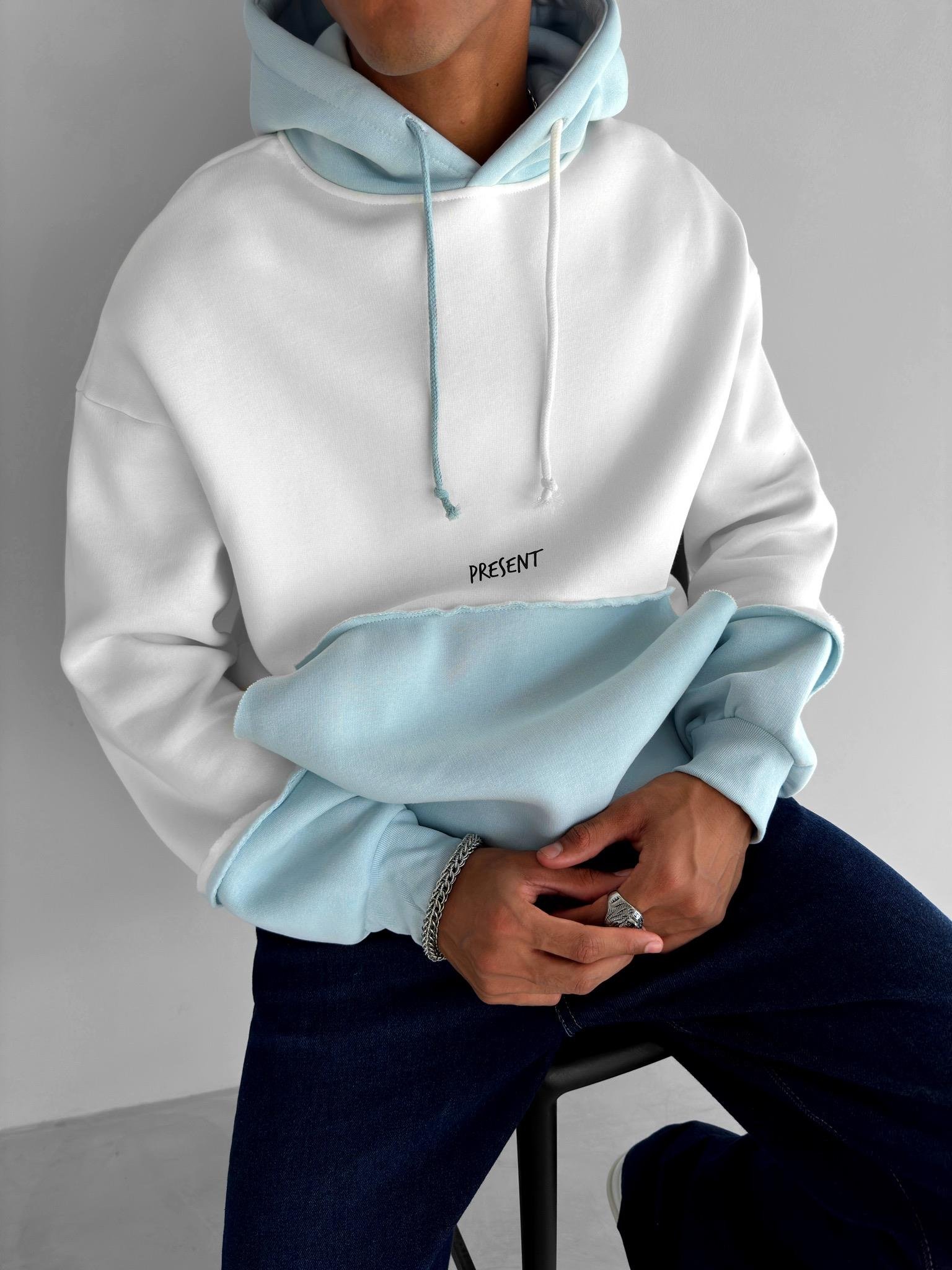 Oversize Çift Renkli Kapüşonlu Sweatshirt Bebek Mavi