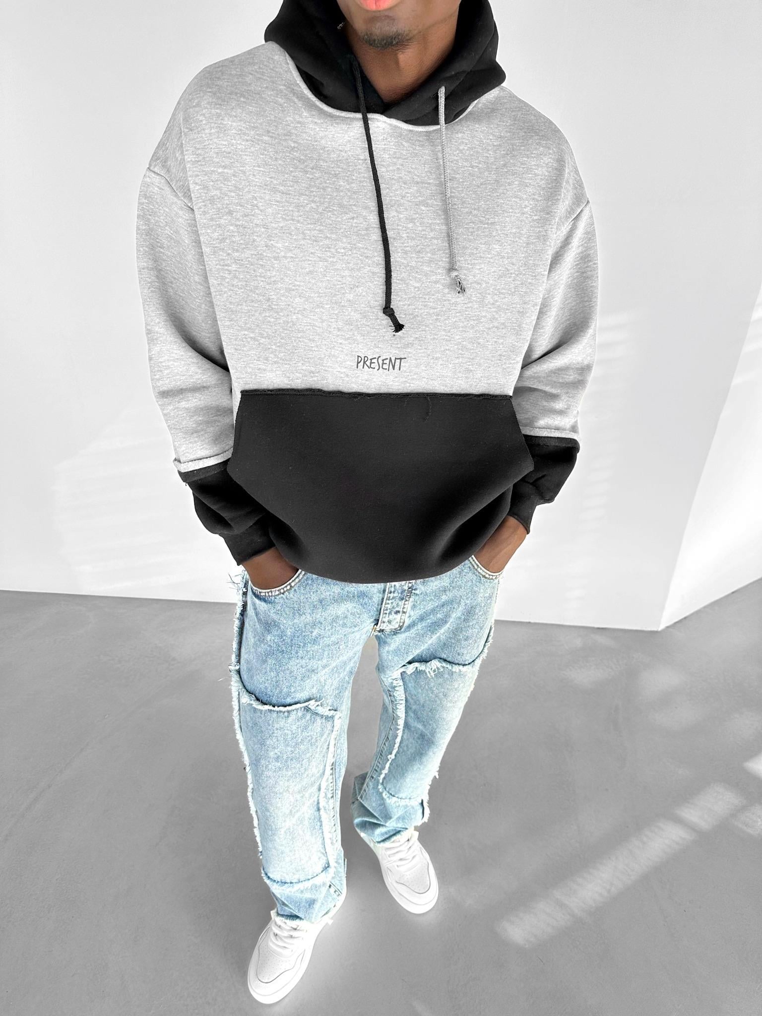 Oversize Çift Renkli Kapüşonlu Sweatshirt Gri