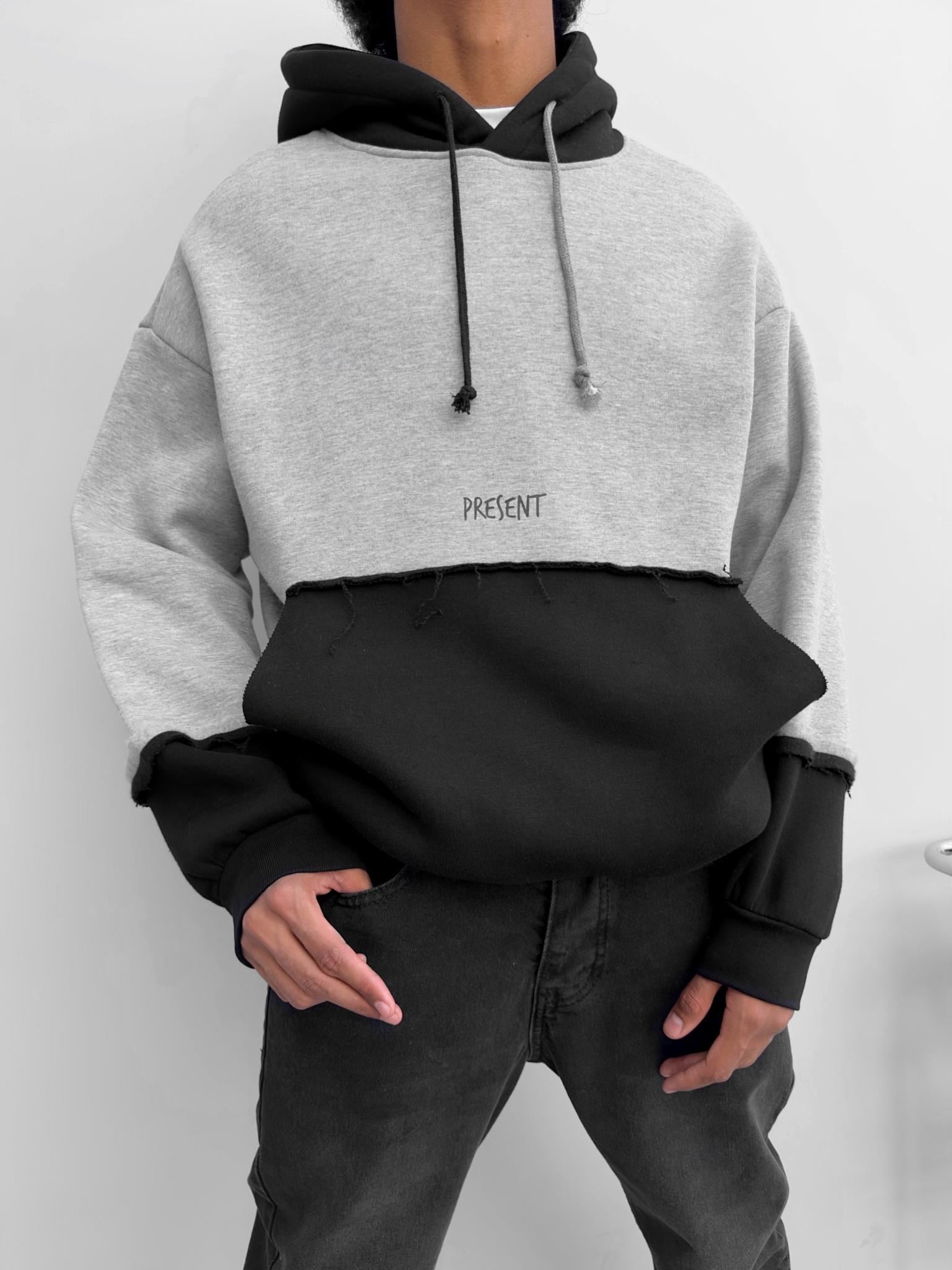 Oversize Çift Renkli Kapüşonlu Sweatshirt Gri