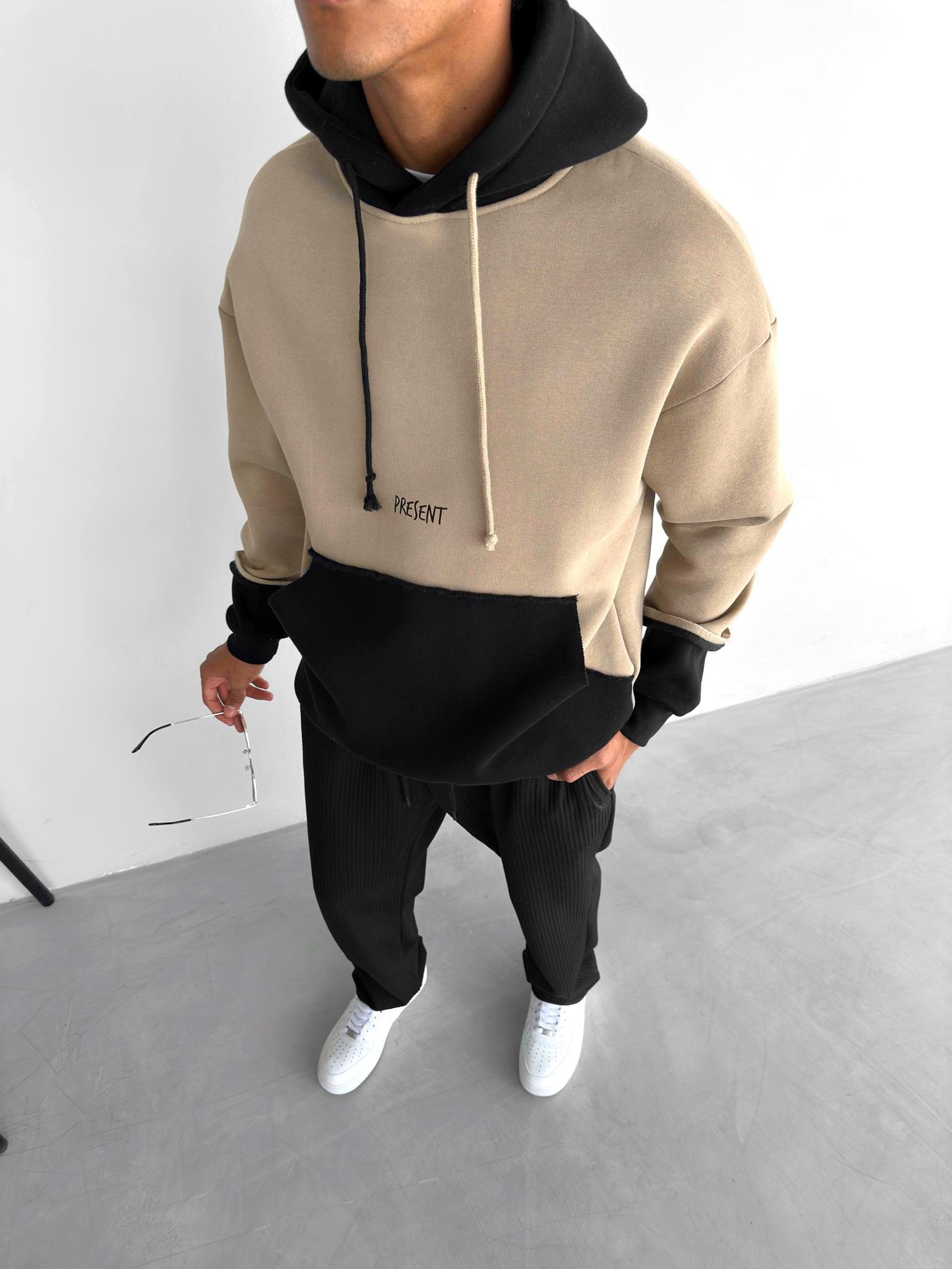 Oversize Çift Renkli Kapüşonlu Sweatshirt Kahverengi
