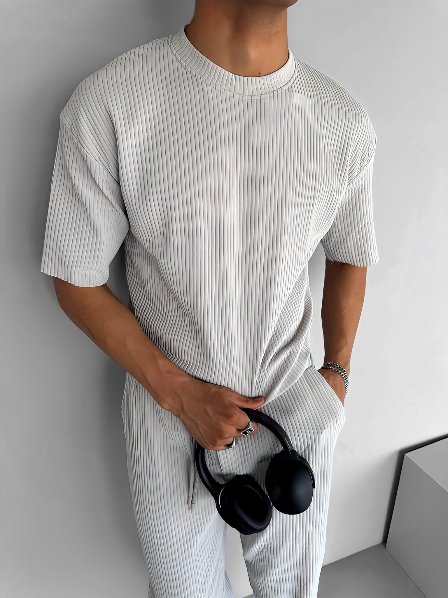 Oversize Çizgi Desenli Esnek Ve Hafif Rahat Yazlık T-Shirt Gri