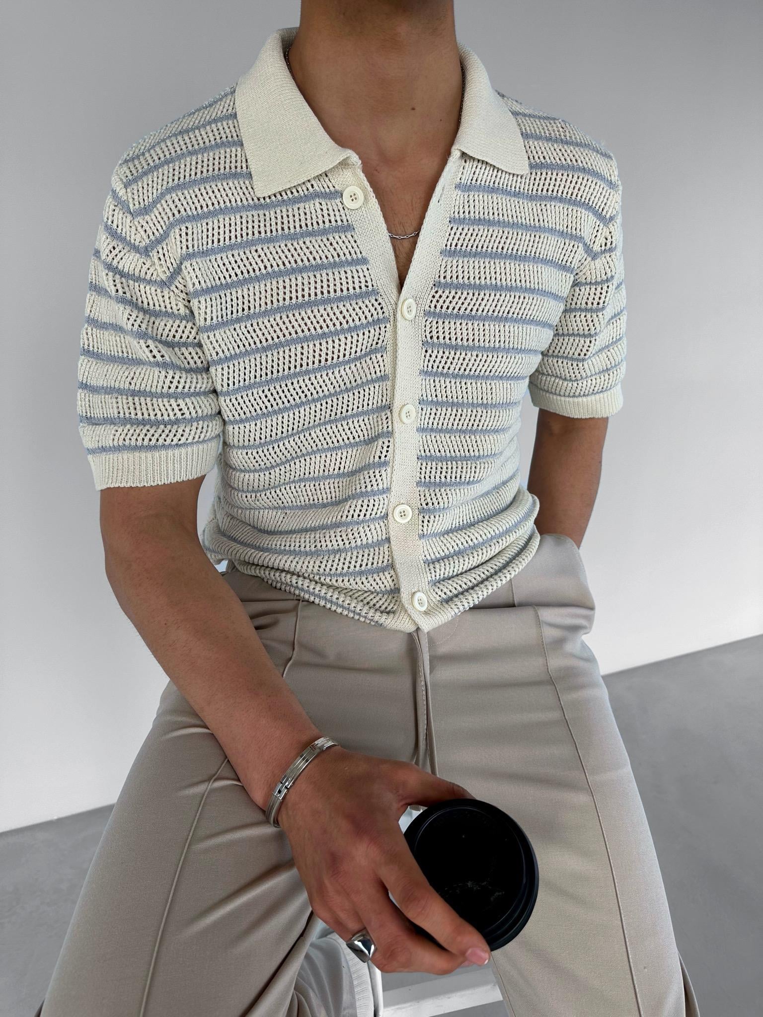 Oversize Çizgili Polo Yaka Örme Gömlek Gri