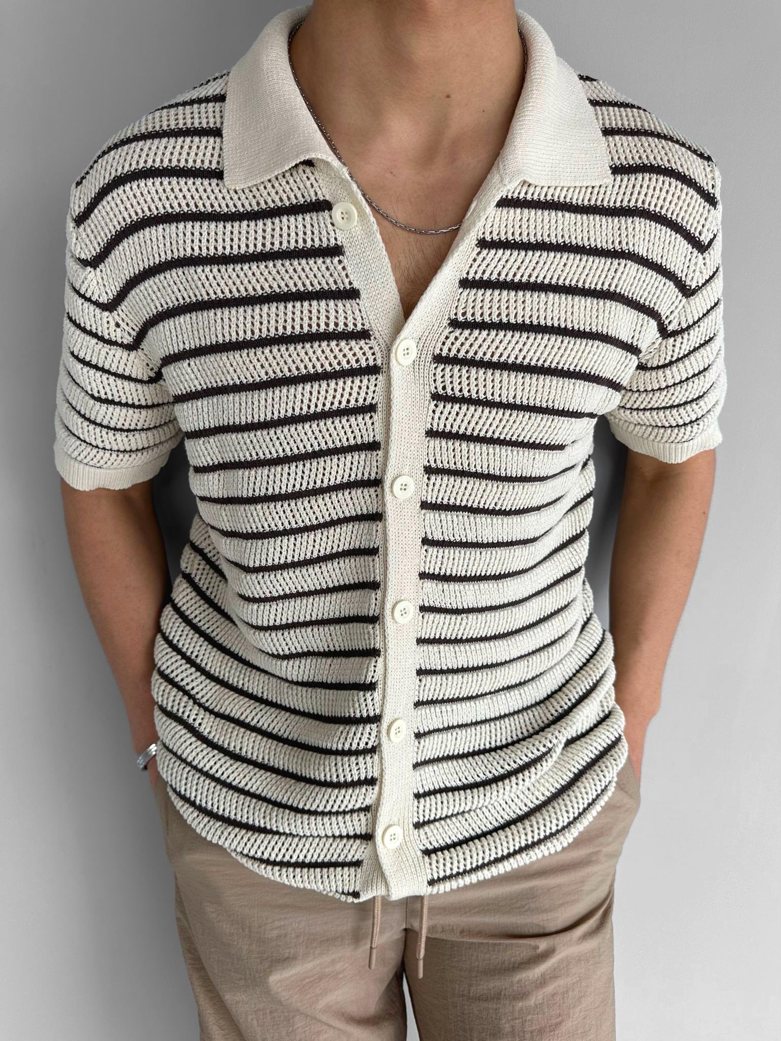 Oversize Çizgili Polo Yaka Örme Gömlek Kahve