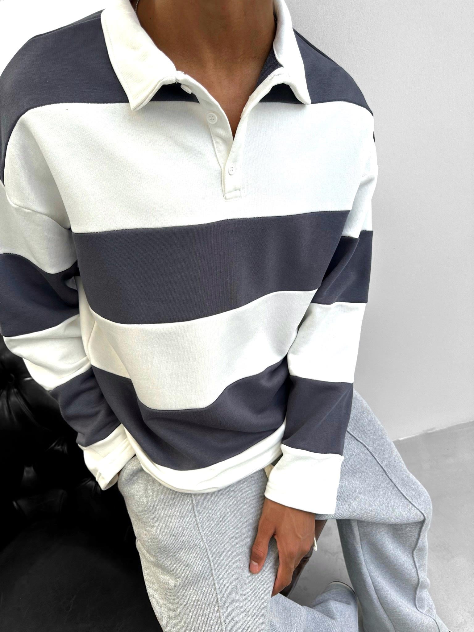 Oversize Çizgili Sweatshirt Füme
