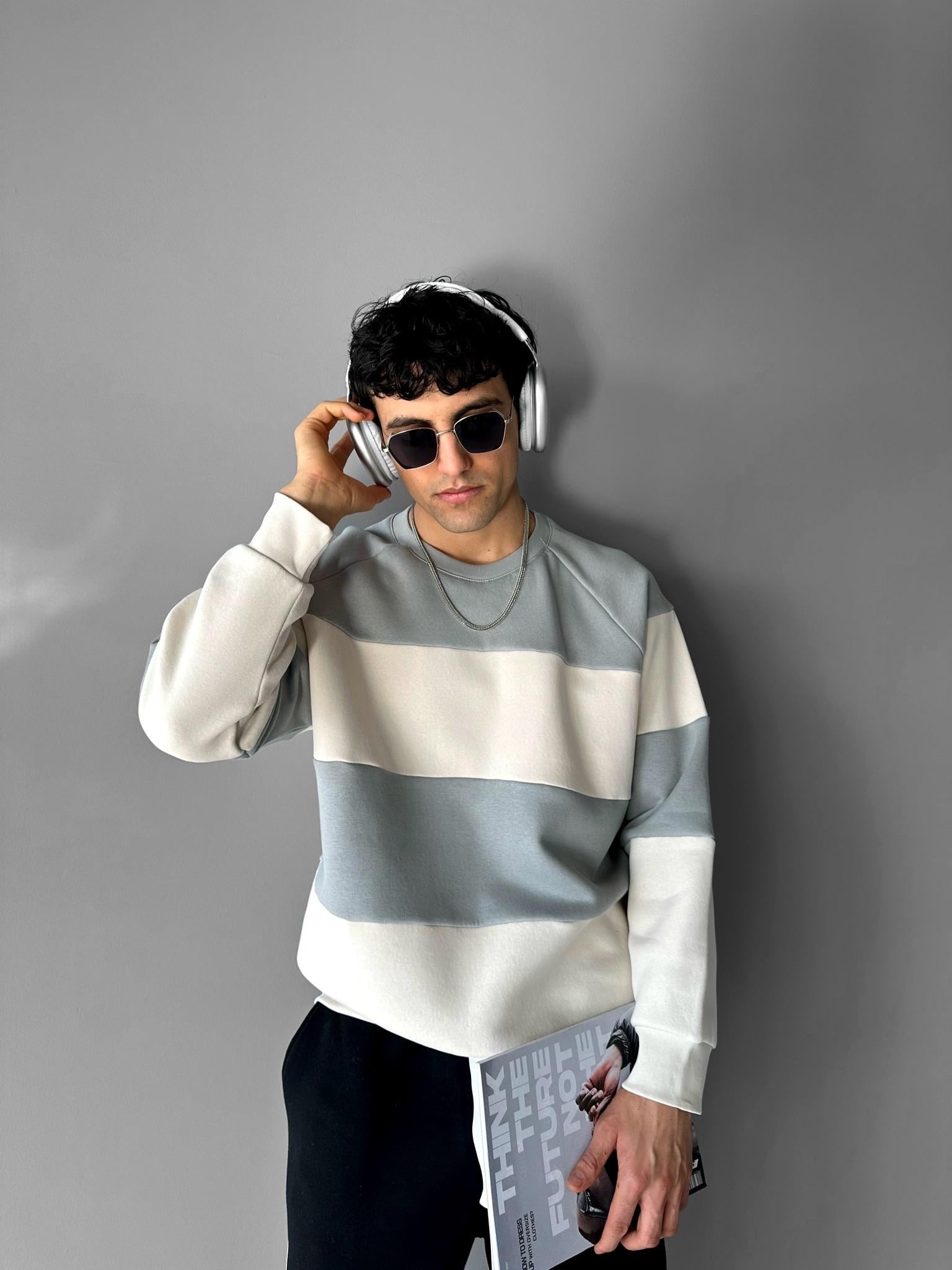 Oversize Çizgili Sweatshirt Gri