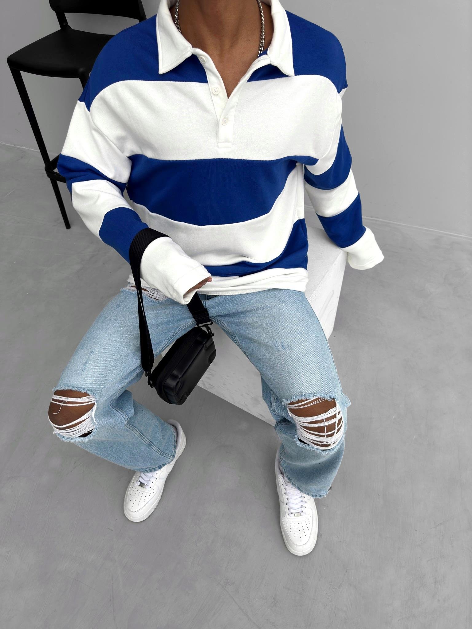Oversize Çizgili Sweatshirt Saks Mavi