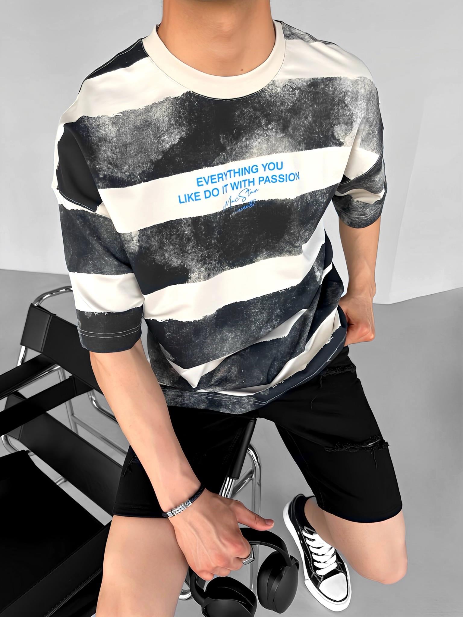 Oversize Çizgili Yuvarlak Yaka Pamuklu T-Shirt Siyah