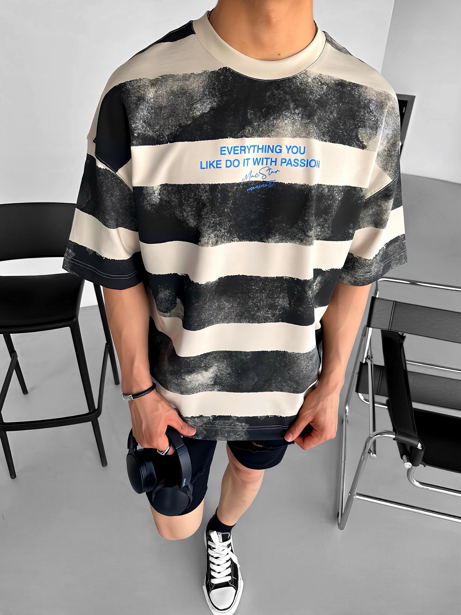Oversize Çizgili Yuvarlak Yaka Pamuklu T-Shirt Siyah