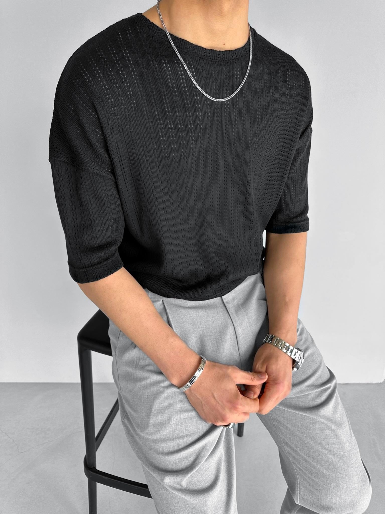 Oversize Delikli Desenli Triko T-Shirt Siyah