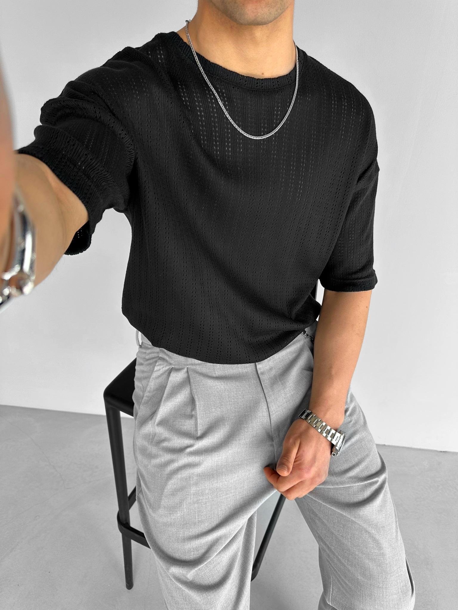 Oversize Delikli Desenli Triko T-Shirt Siyah
