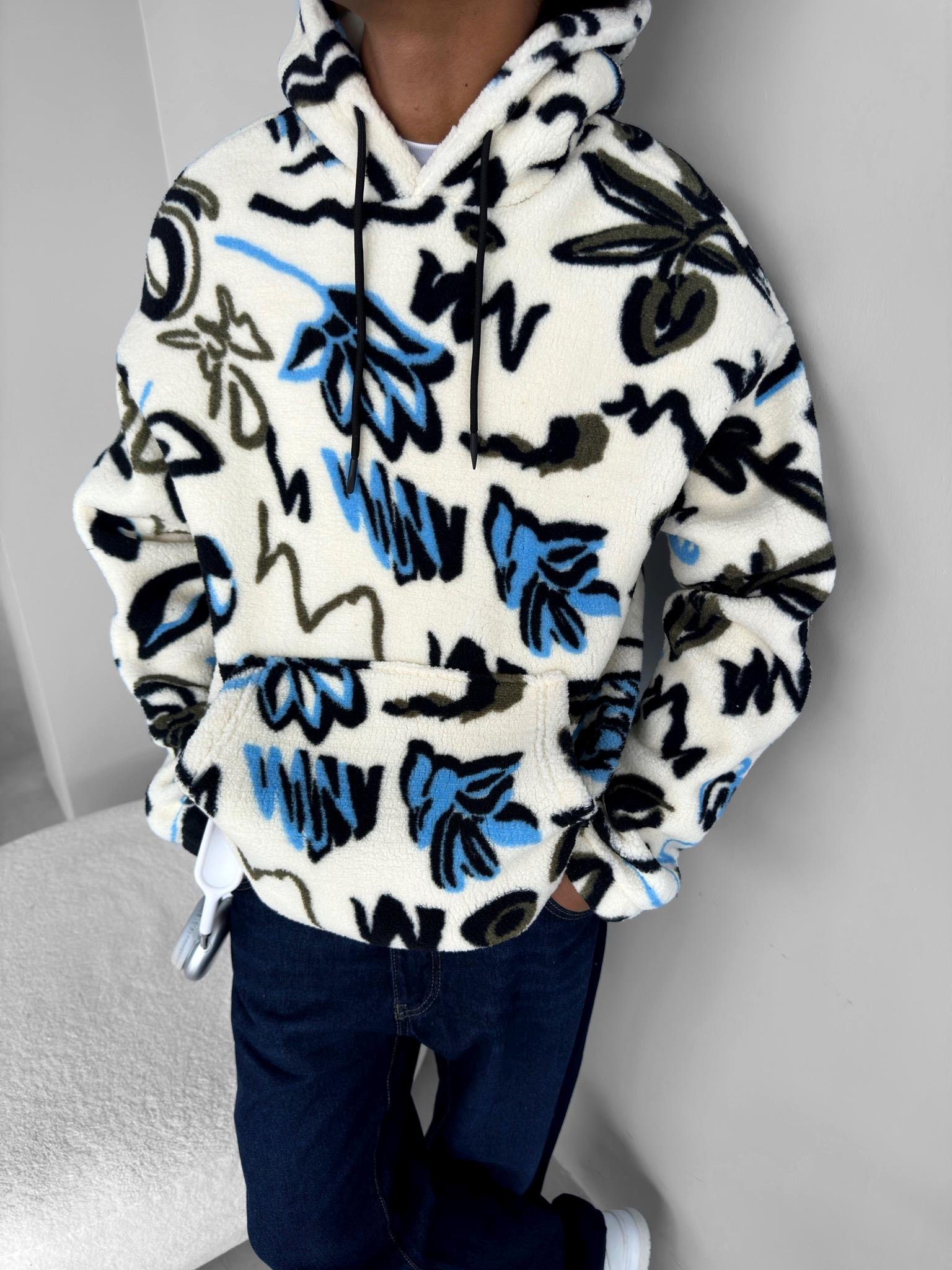 Oversize Desenli Kapüşonlu Peluş Sweatshirt Ekru
