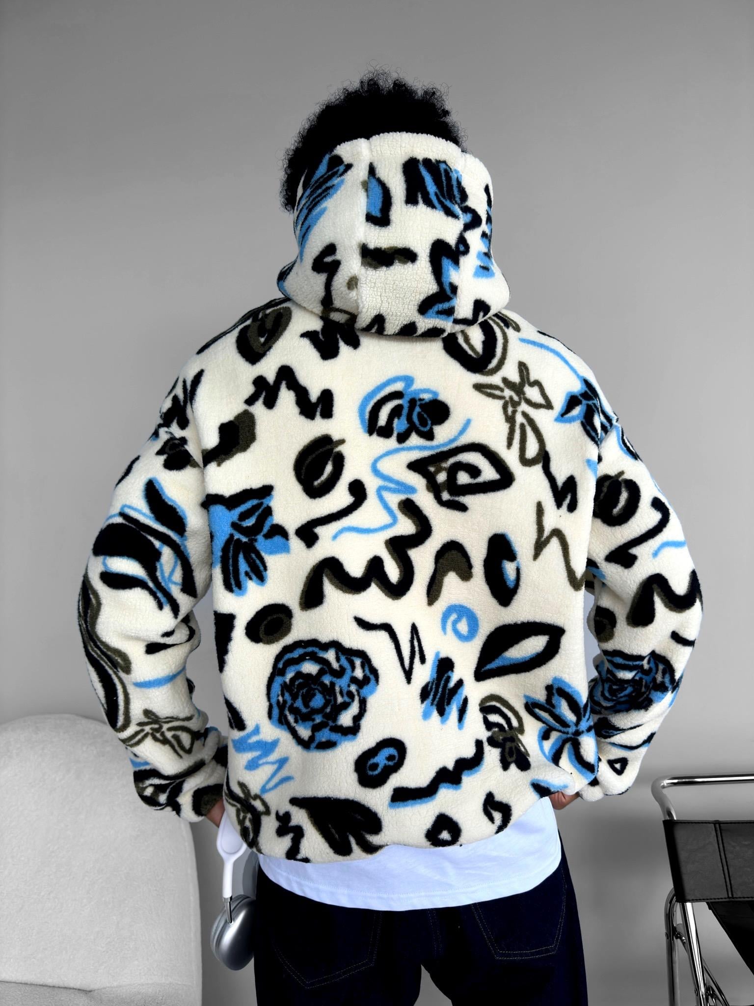 Oversize Desenli Kapüşonlu Peluş Sweatshirt Ekru