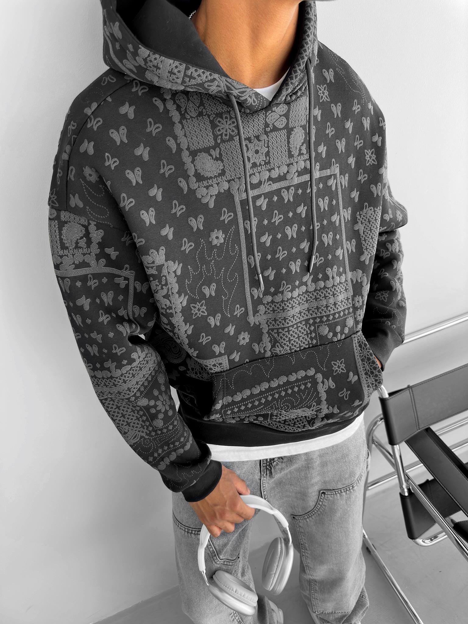 Oversize Desenli Kapüşonlu Sweatshirt Siyah