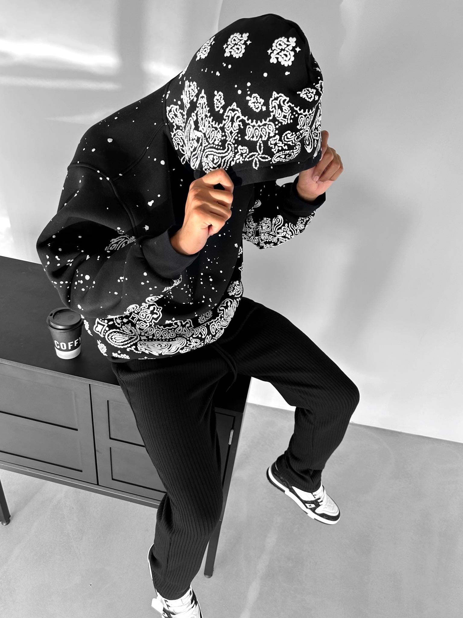 Oversize Desenli Kapüşonlu Sweatshirt Siyah
