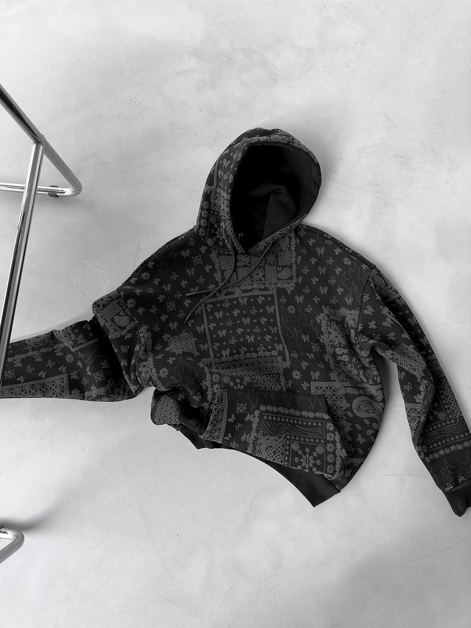 Oversize Desenli Kapüşonlu Sweatshirt Siyah