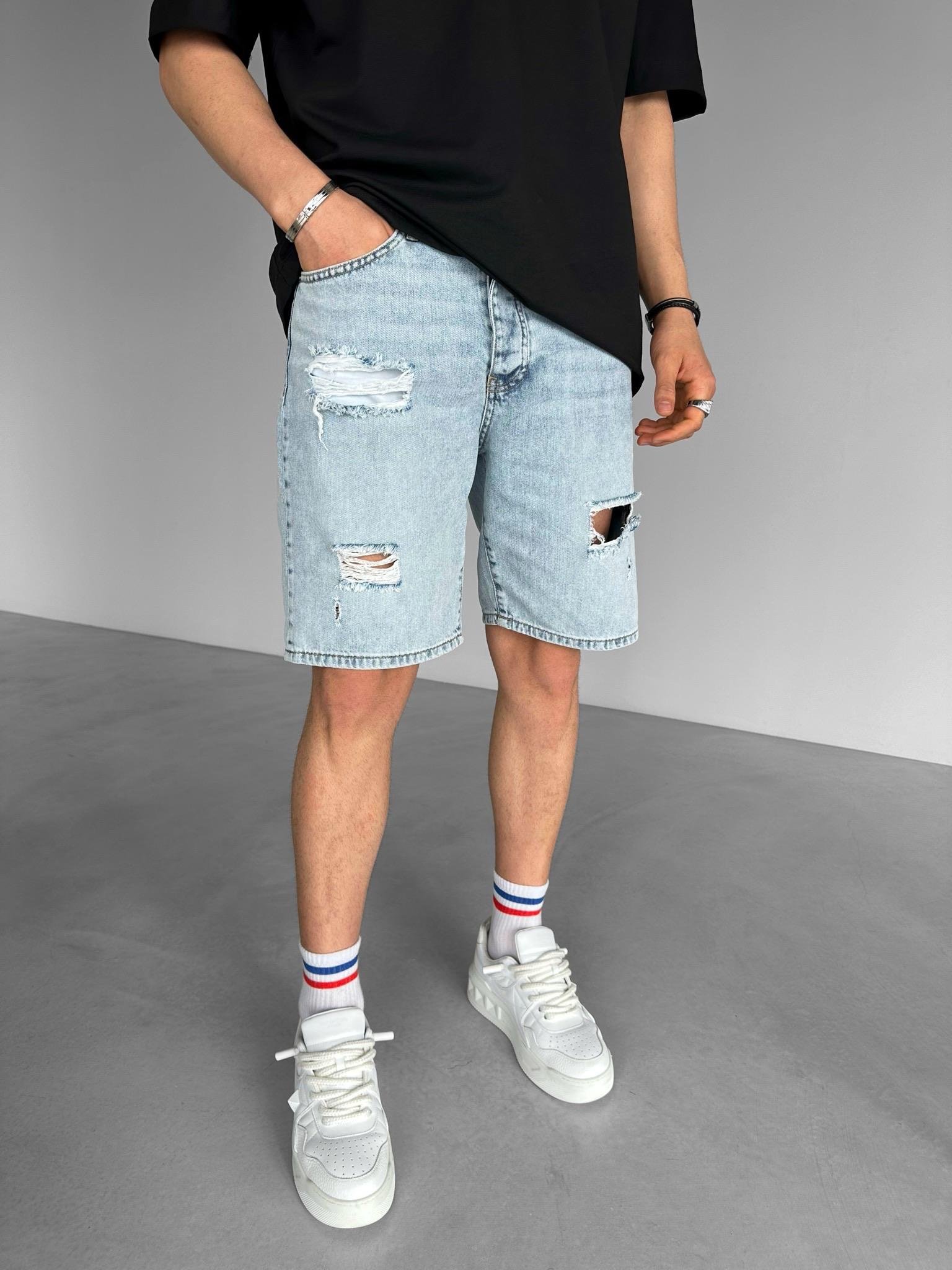 Oversize Distressed Kot Şort Açık Mavi