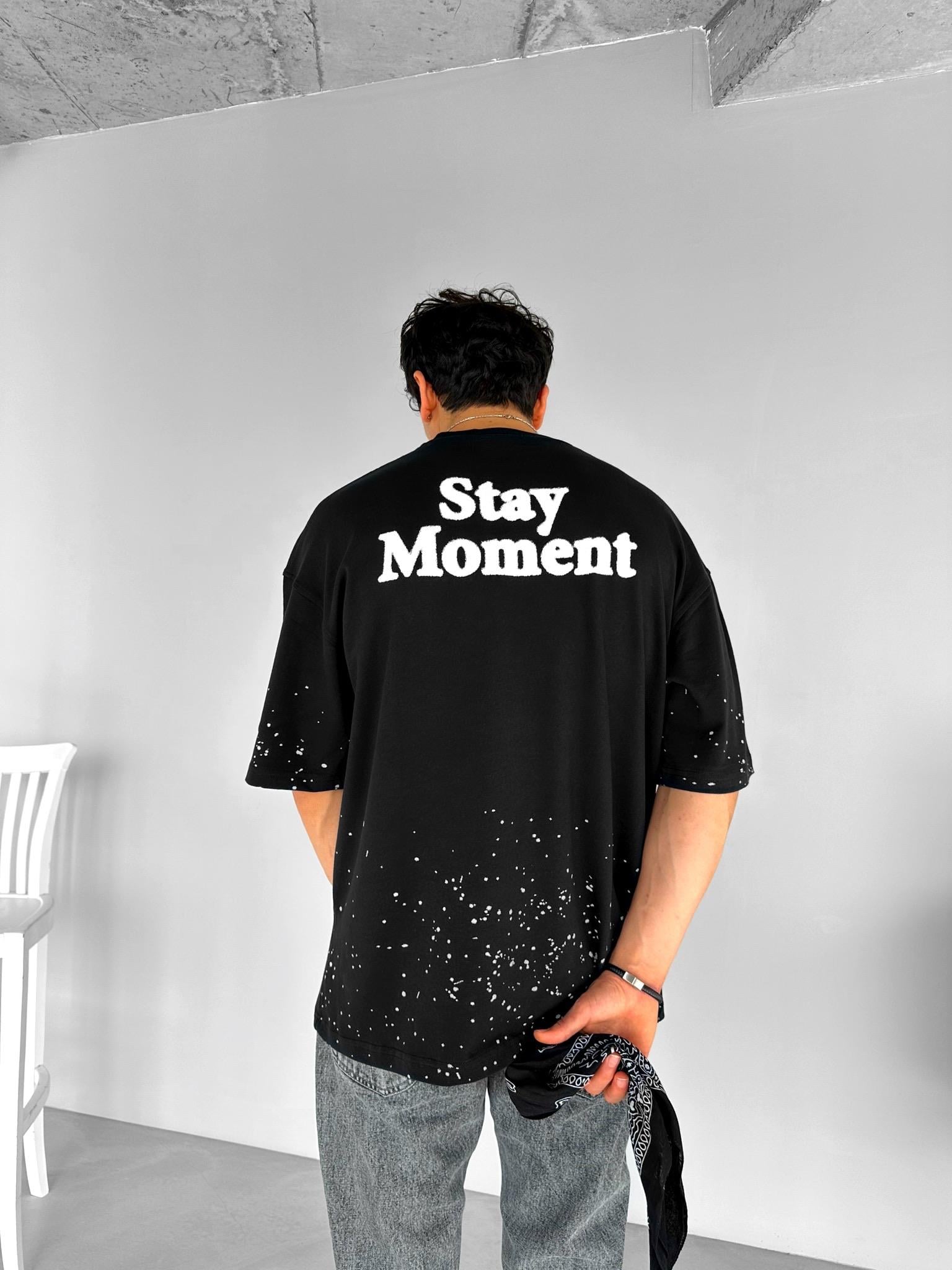 Oversize Dokulu Baskılı %100 Pamuk T-Shirt Siyah