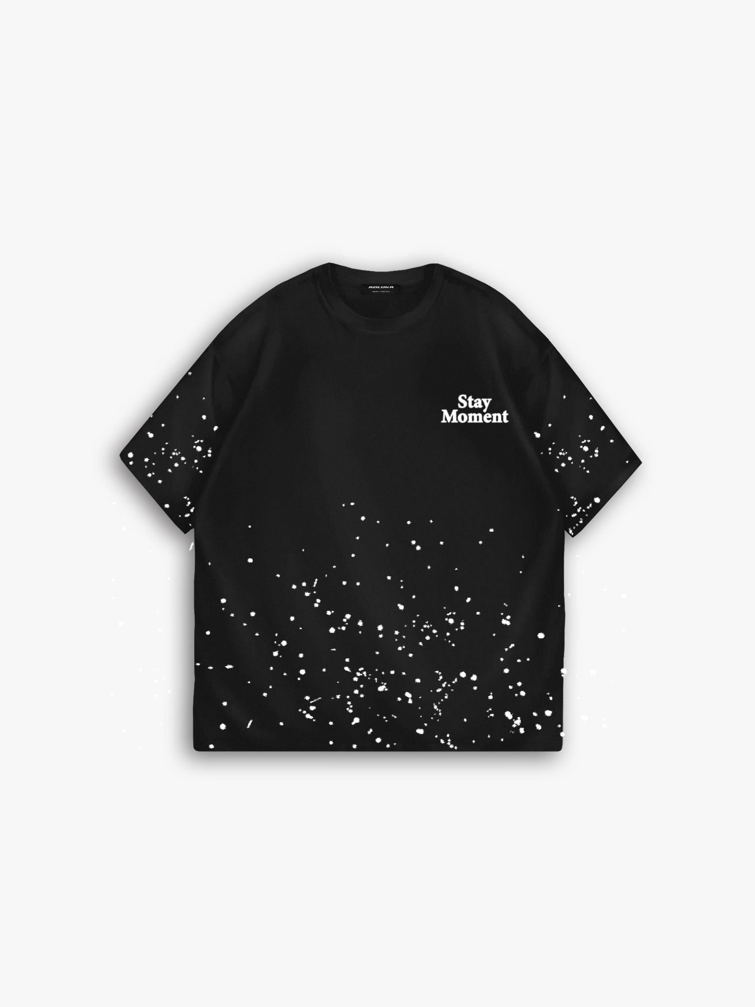 Oversize Dokulu Baskılı %100 Pamuk T-Shirt Siyah