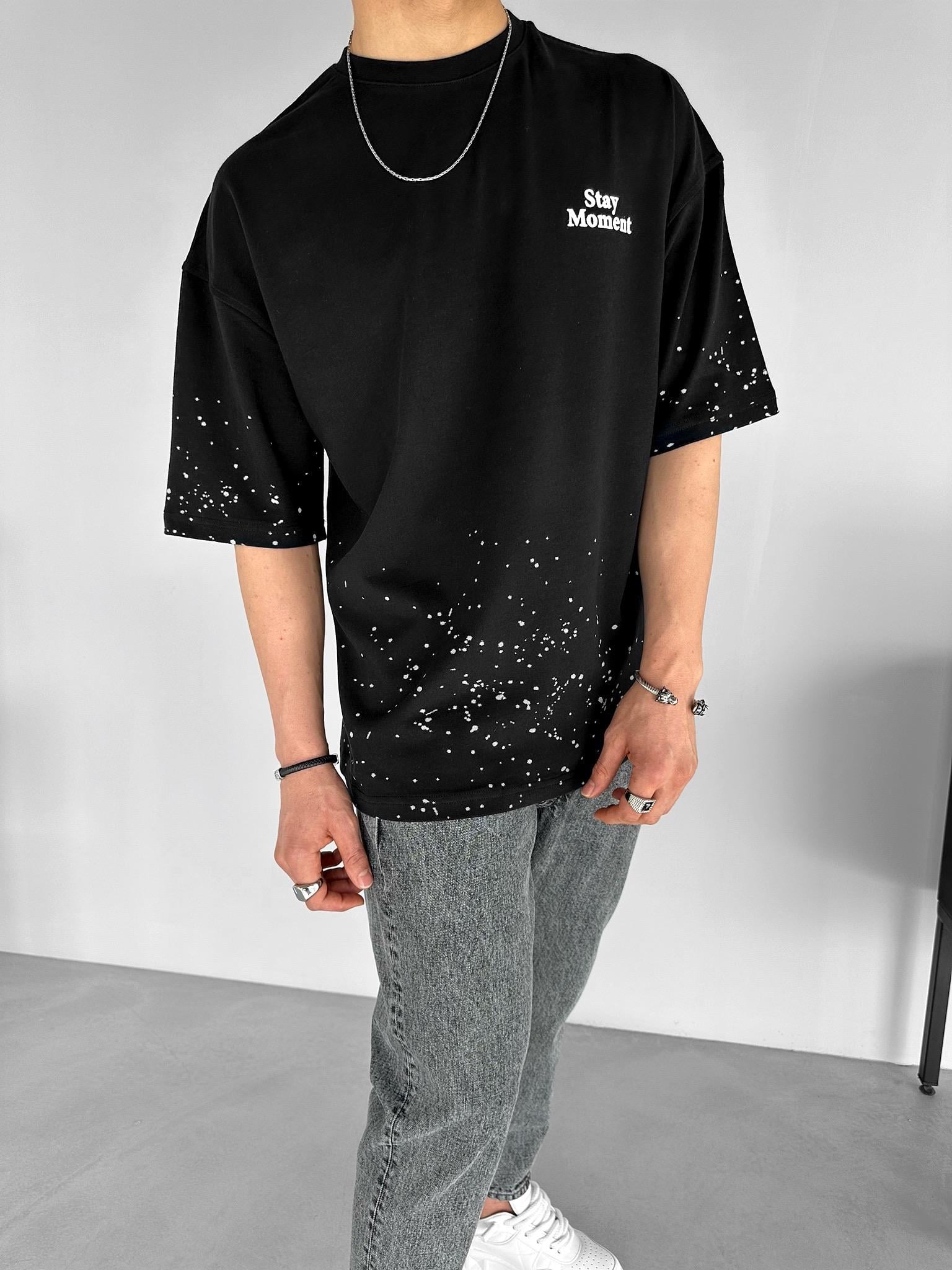 Oversize Dokulu Baskılı %100 Pamuk T-Shirt Siyah